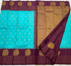 SKY BLUE /BROWN TEMPLE  SILK SAREE