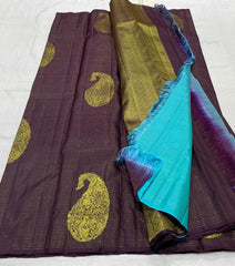 BROWN/SKY BLUE BOARDERLESS KANCHI SAREE