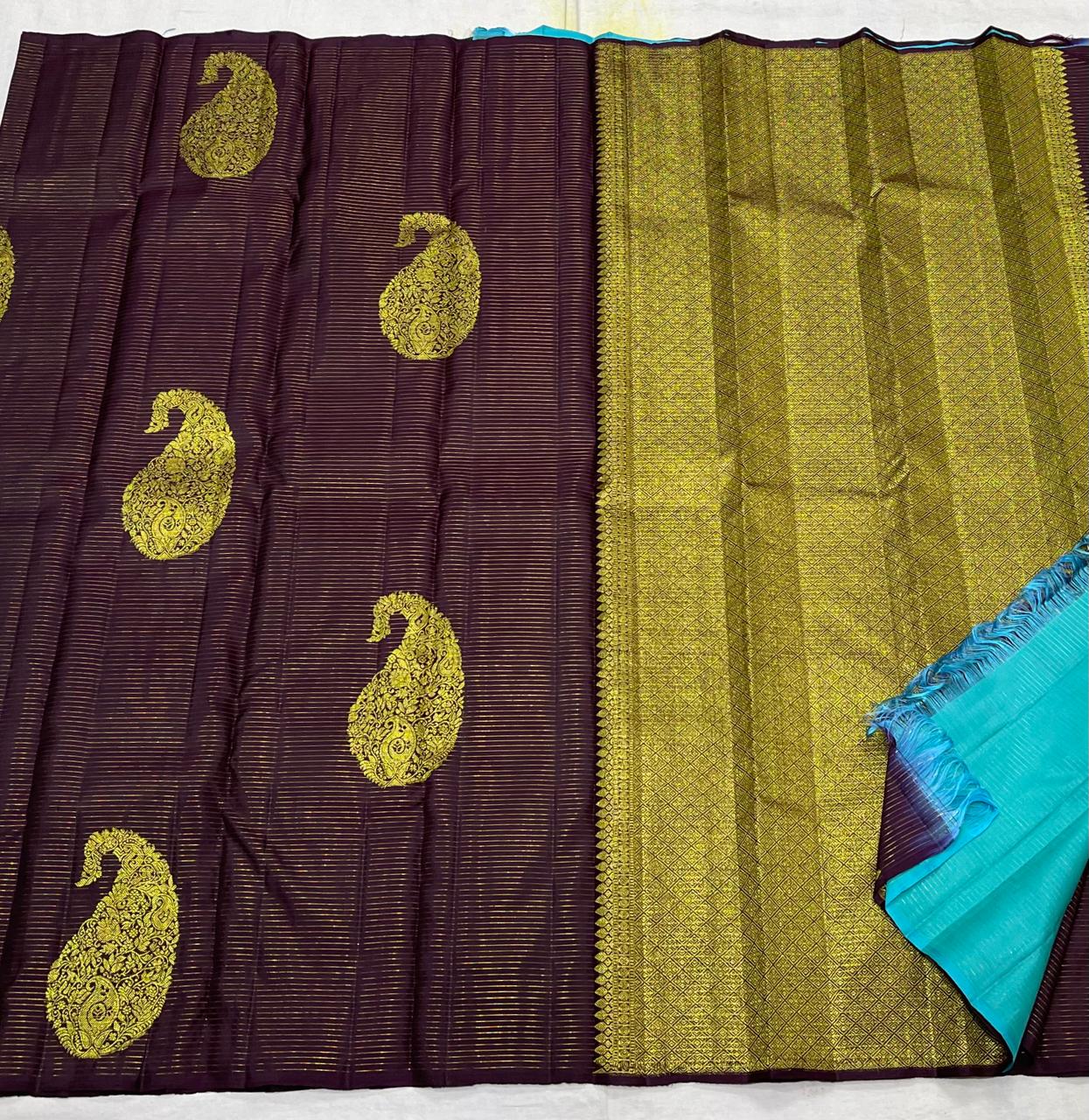 BROWN/SKY BLUE BOARDERLESS KANCHI SAREE