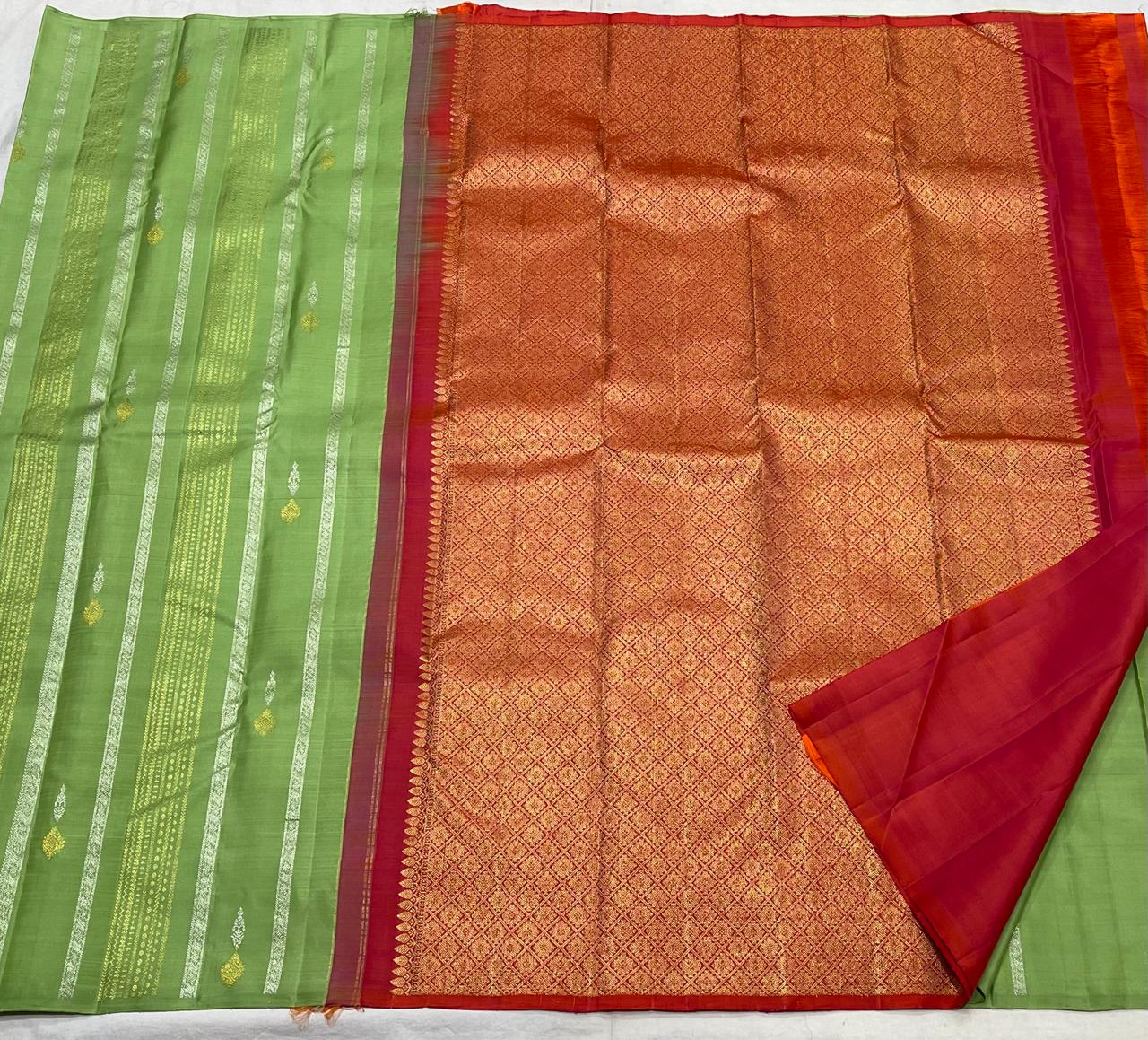 PARROT GREEN/ RED BOARDERLESS KANCHI SAREE