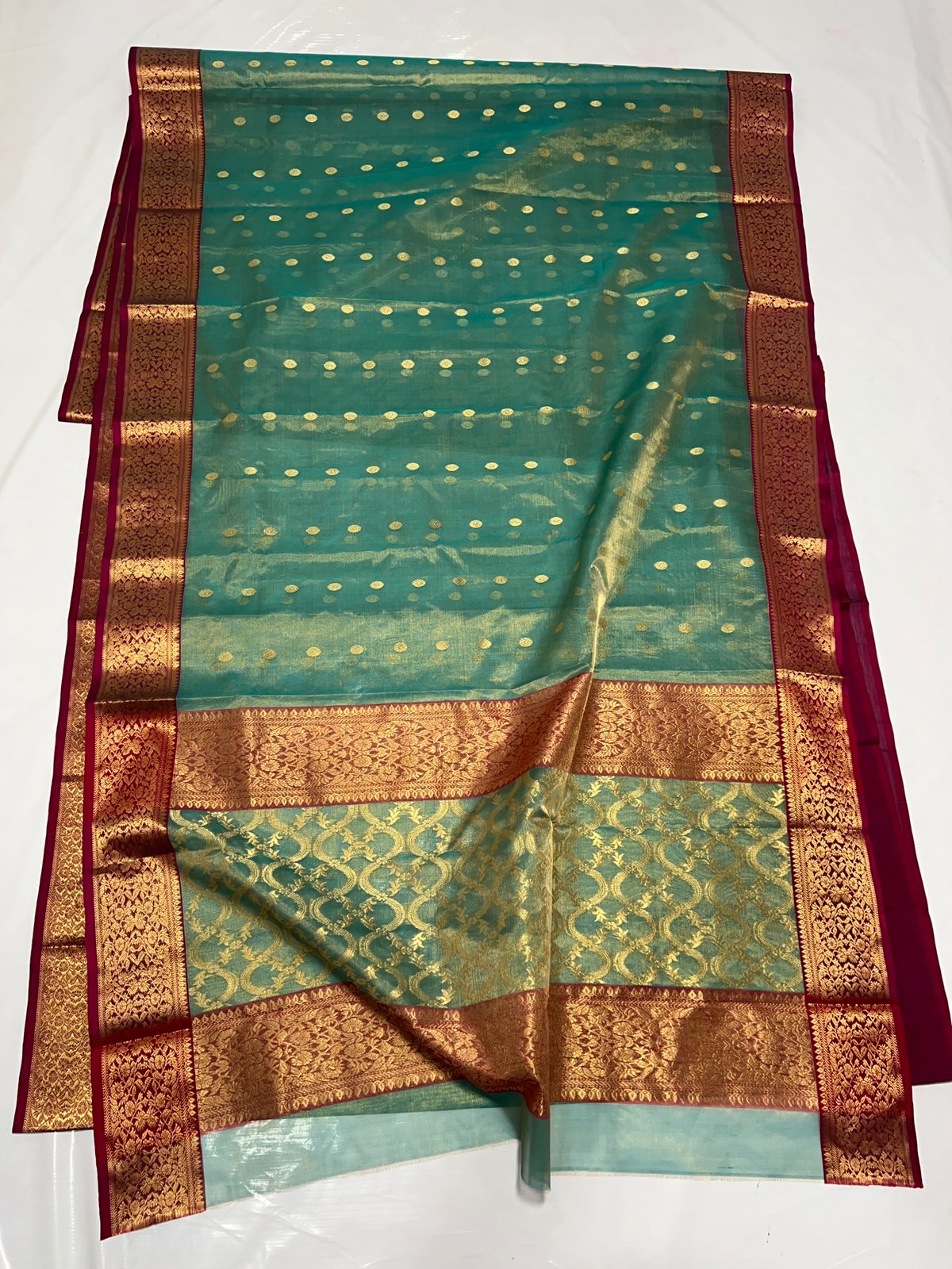 PISTA/MAROON CHANDERI SAREE