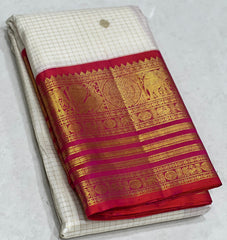 HALF WHITE /  RED GOLD KANCHI SILK SAREE