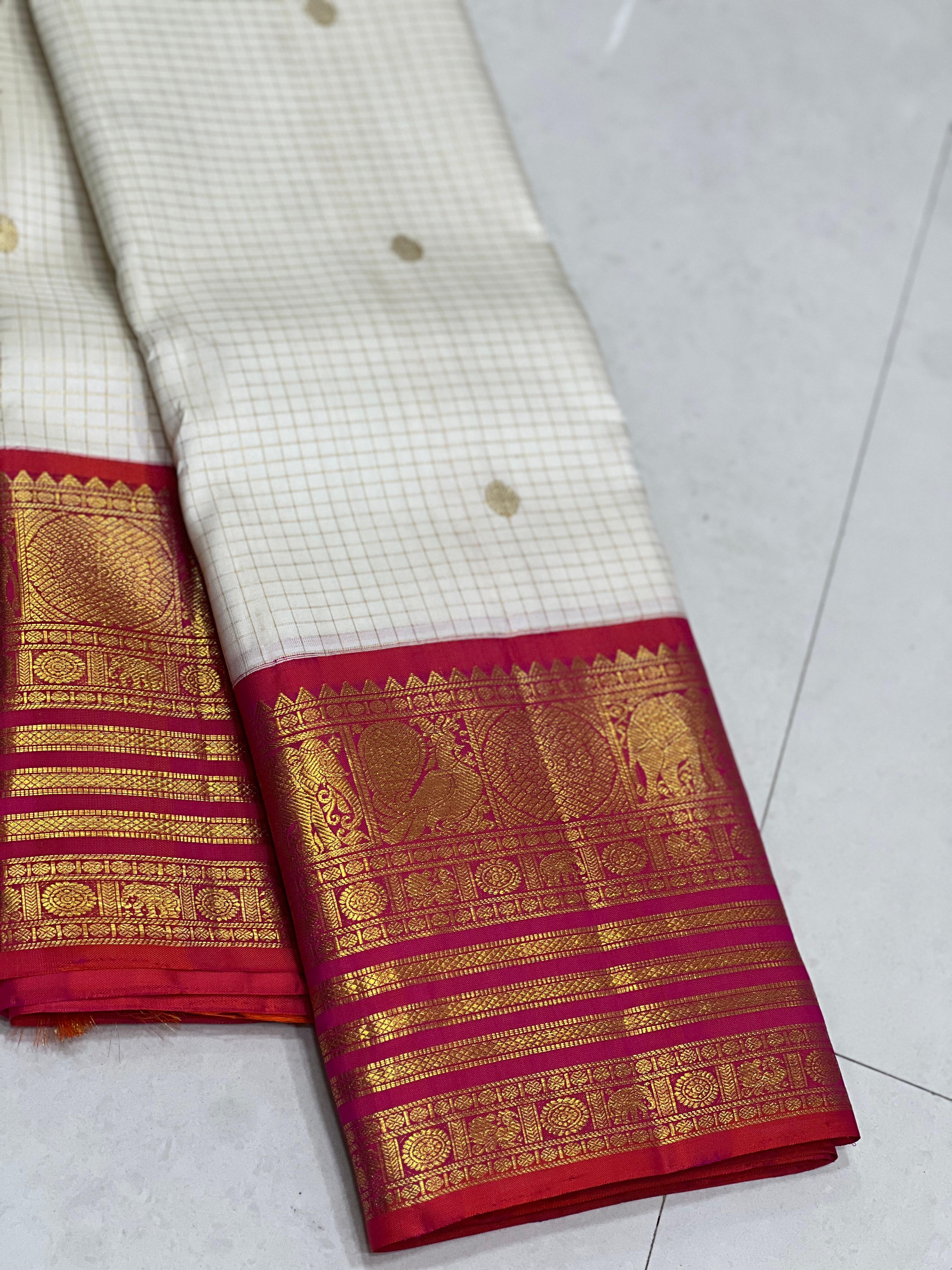 HALF WHITE /  RED GOLD KANCHI SILK SAREE