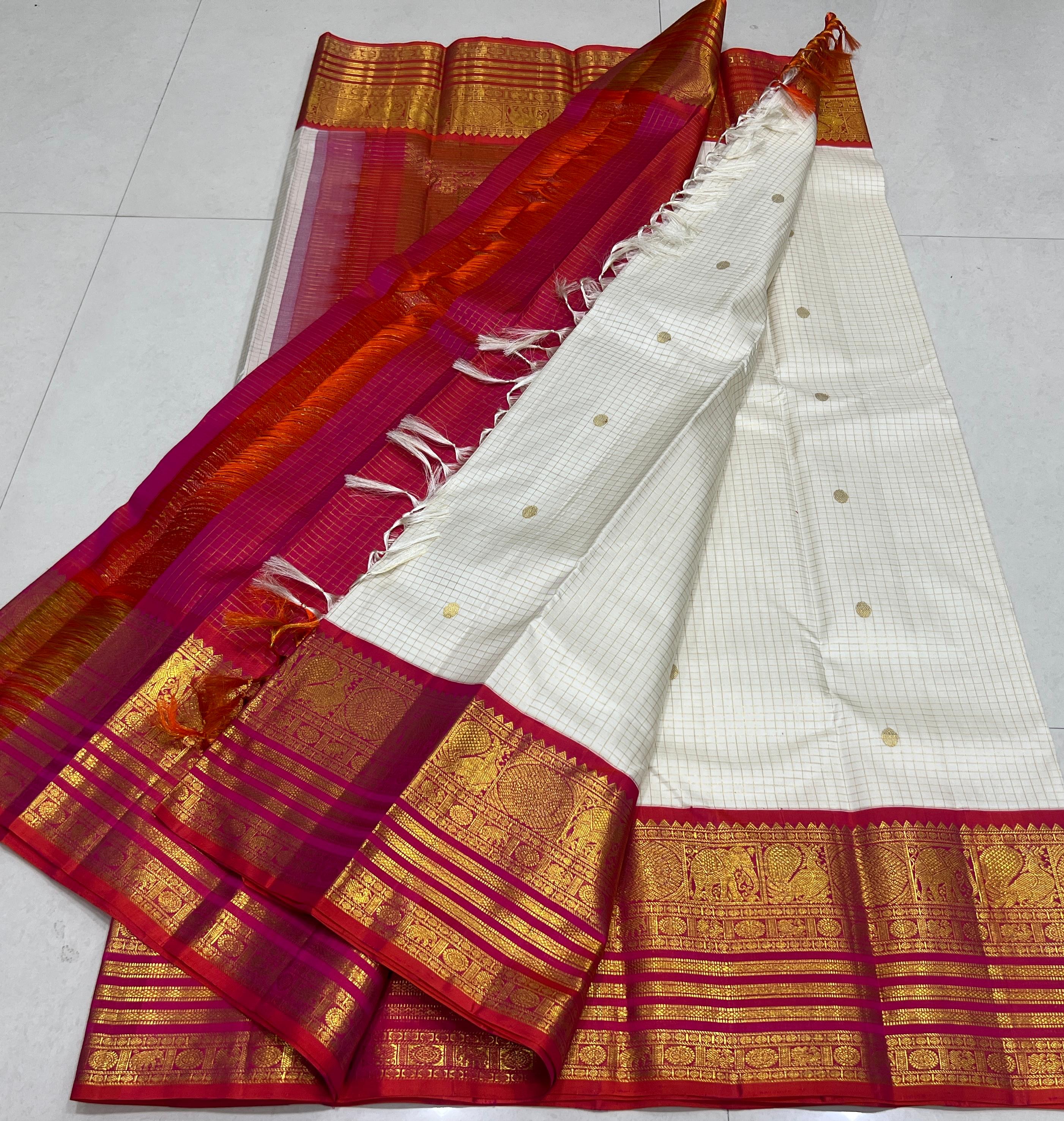 HALF WHITE /  RED GOLD KANCHI SILK SAREE