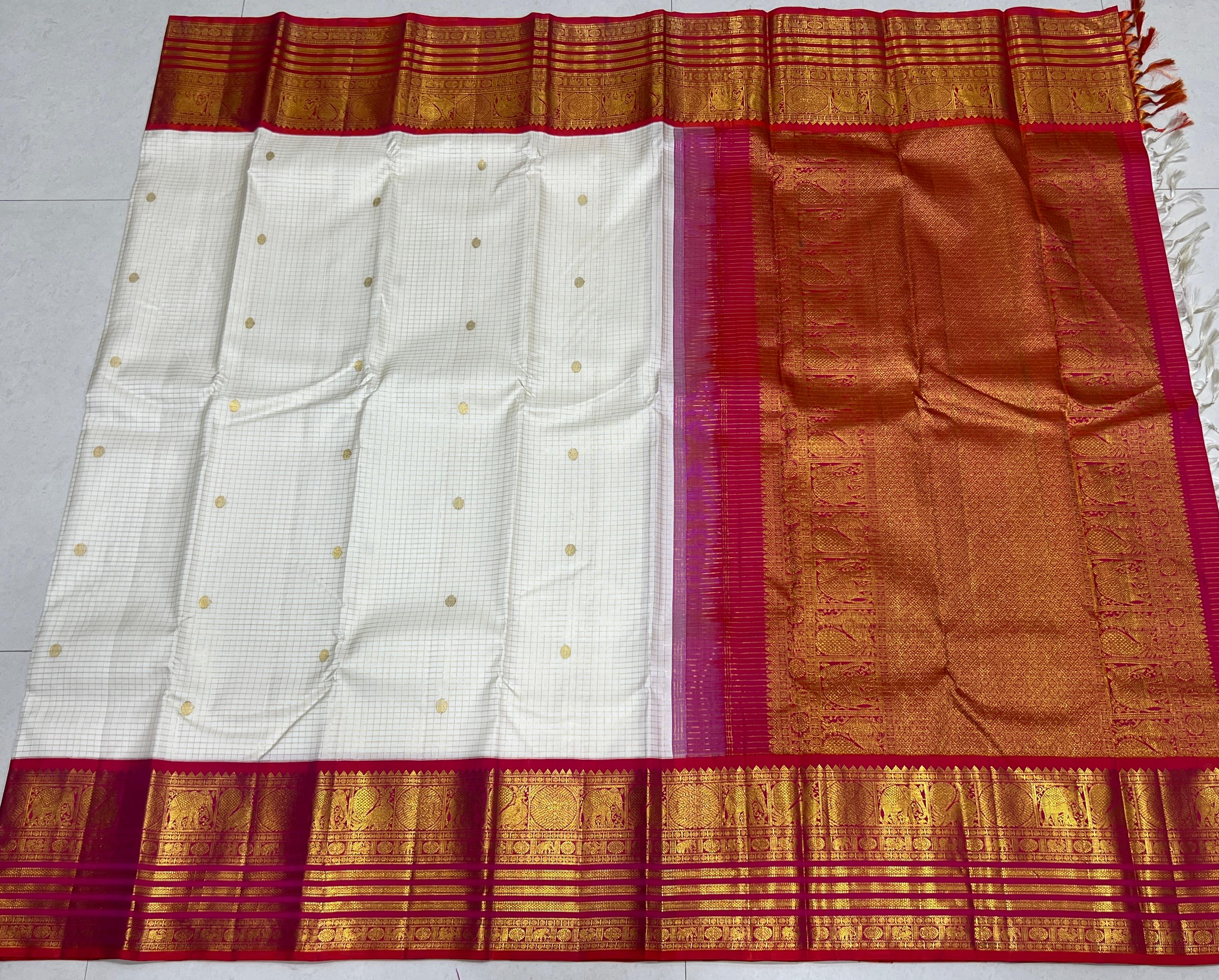 HALF WHITE /  RED GOLD KANCHI SILK SAREE