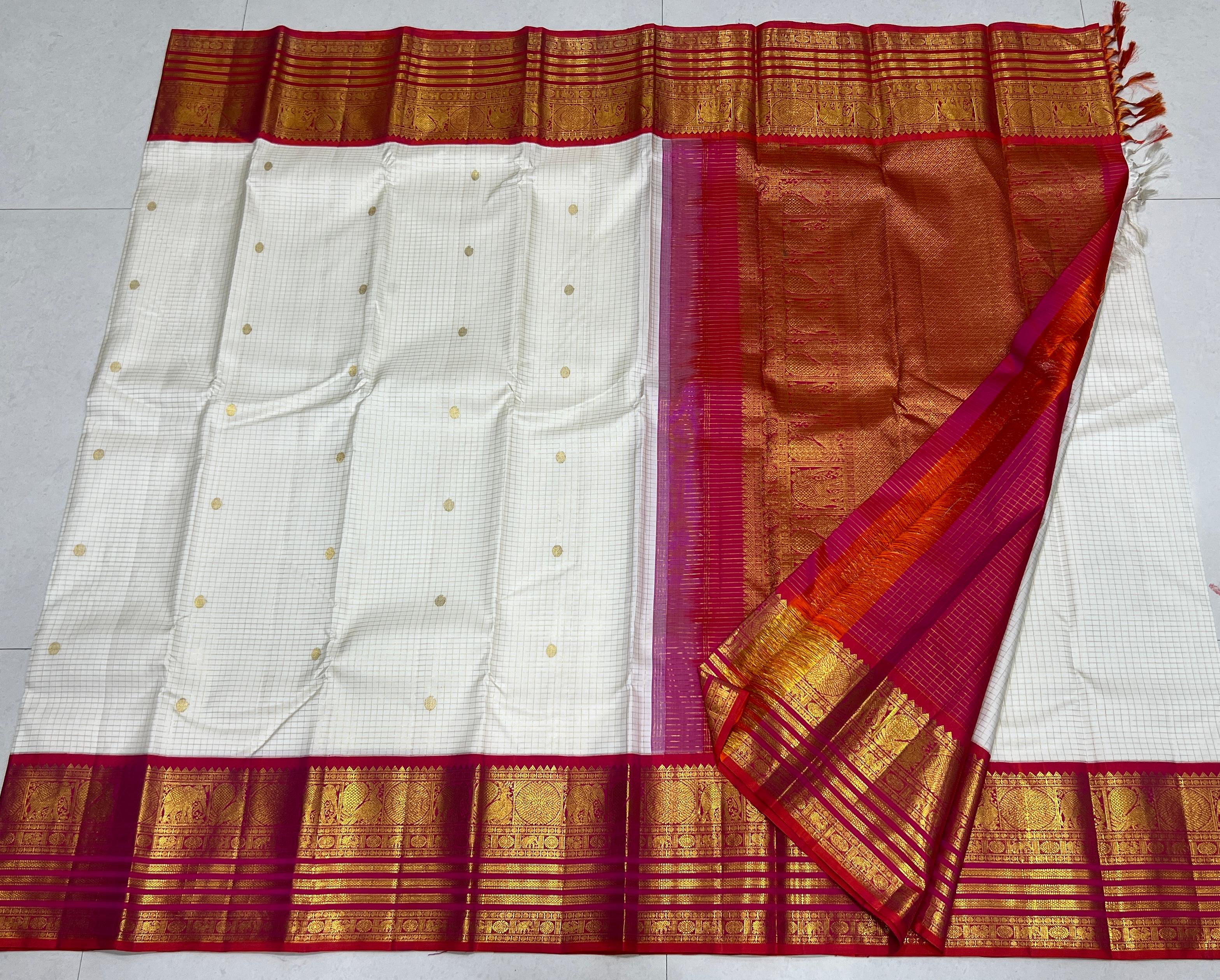 HALF WHITE /  RED GOLD KANCHI SILK SAREE