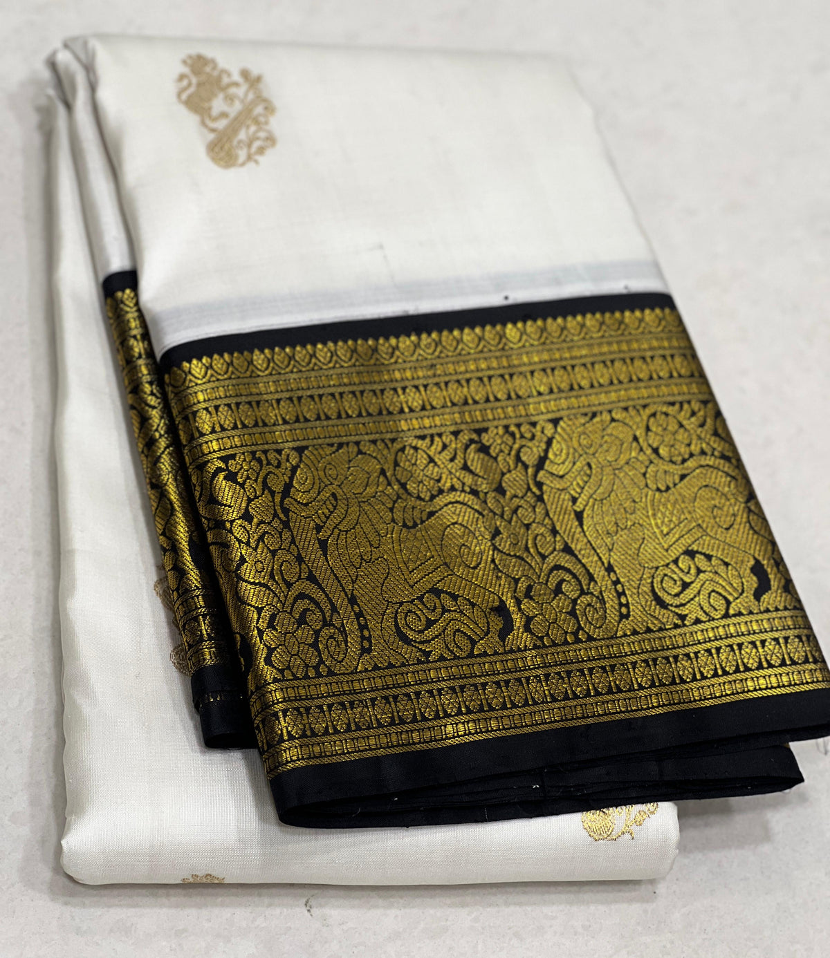 HALF WHITE /  GREEN GOLD KANCHI SILK SAREE