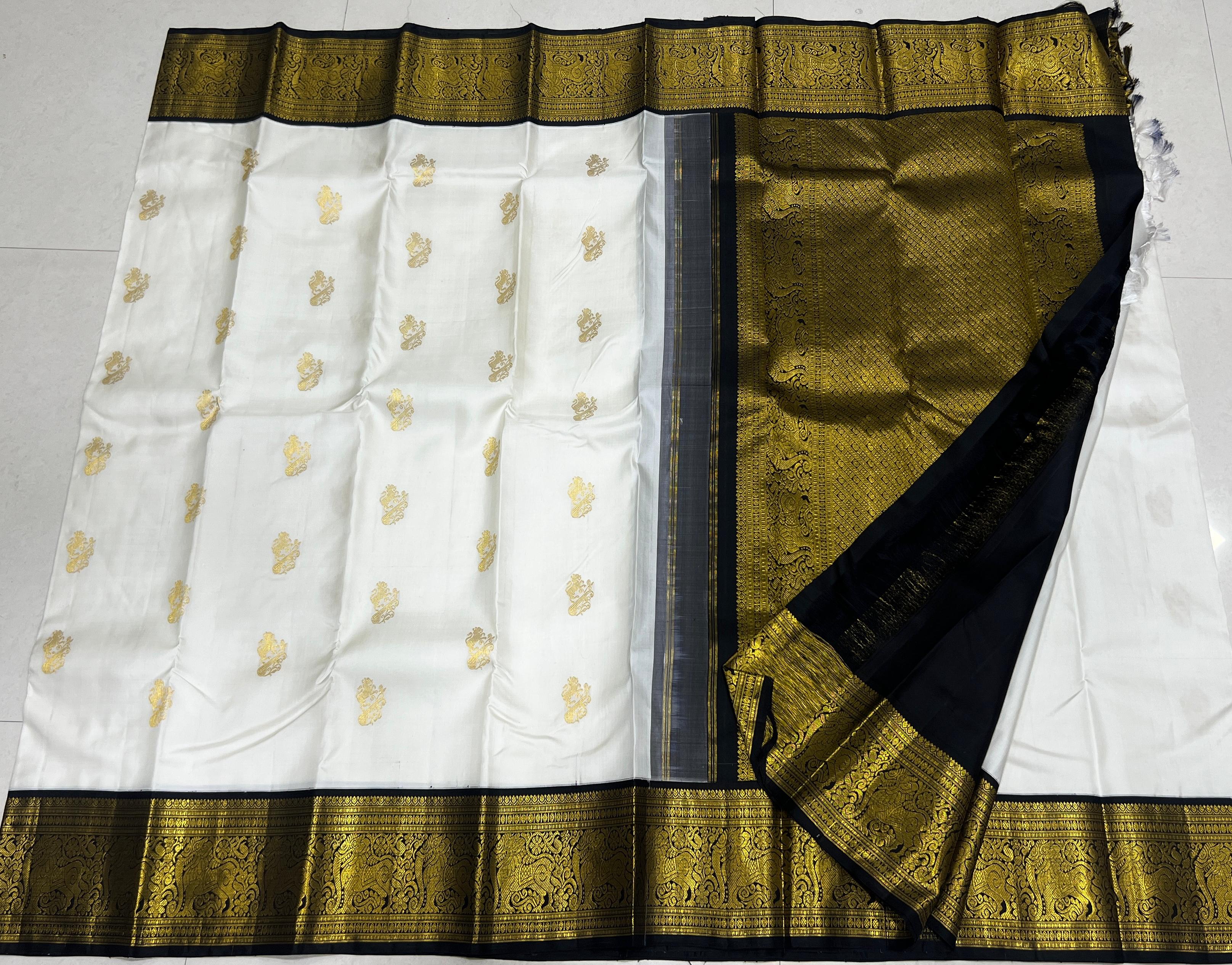 HALF WHITE /  GREEN GOLD KANCHI SILK SAREE