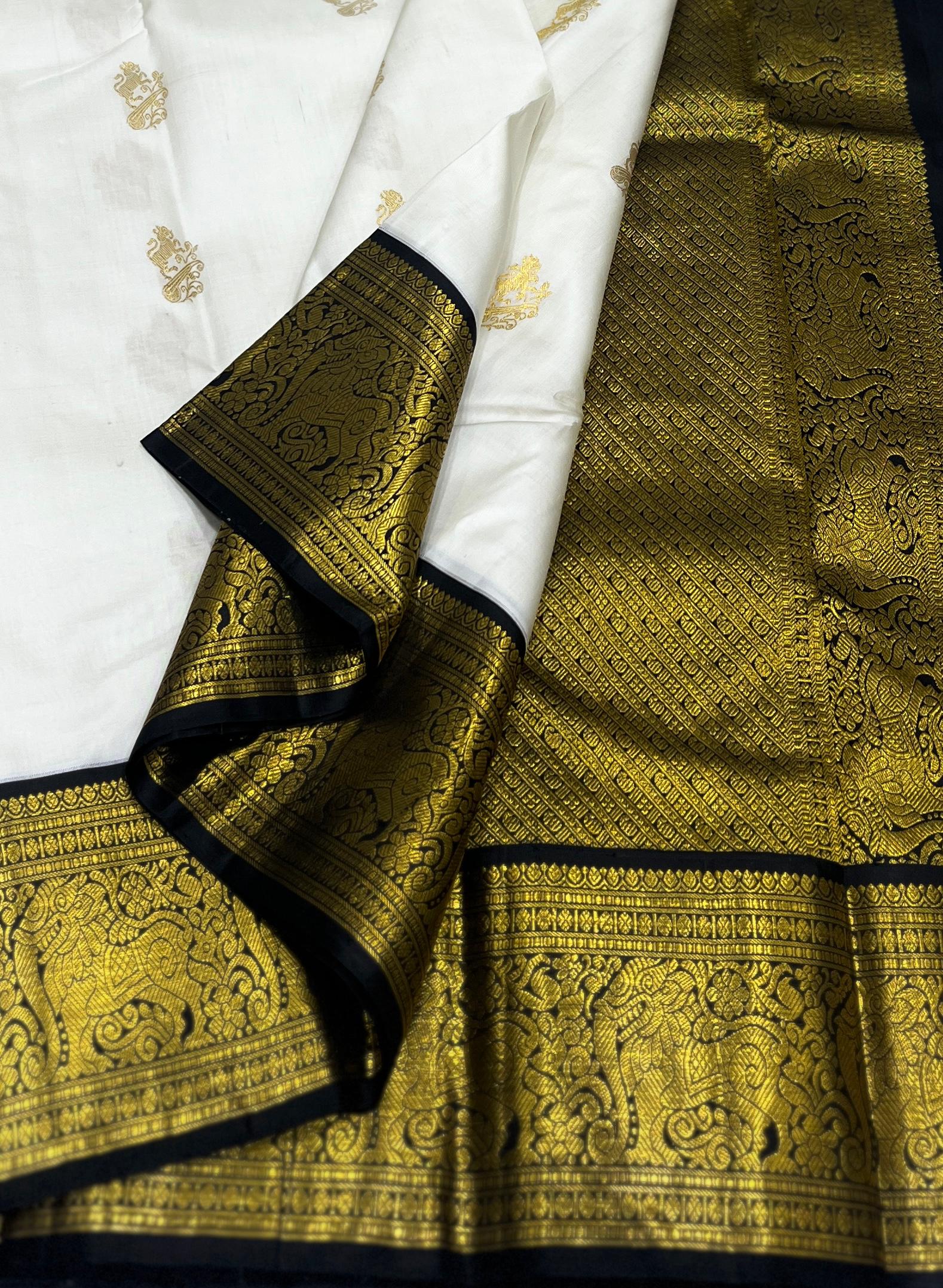 HALF WHITE /  GREEN GOLD KANCHI SILK SAREE