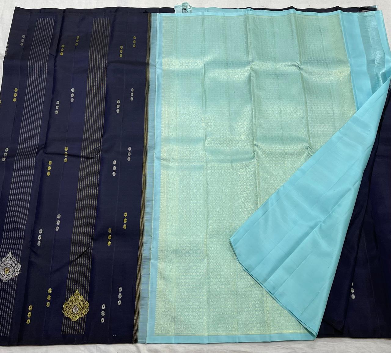 BLOCK/SKYBLUE BOARDERLESS KANCHI SAREE