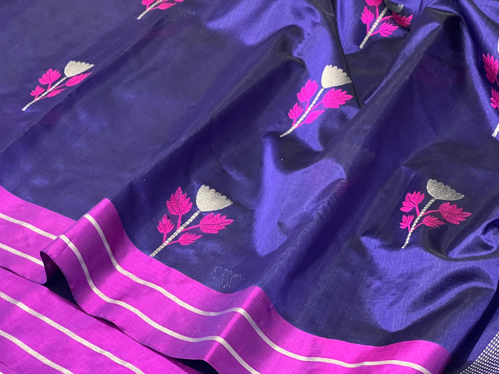 NAVY BLUE/PINK CHANDERI SAREE