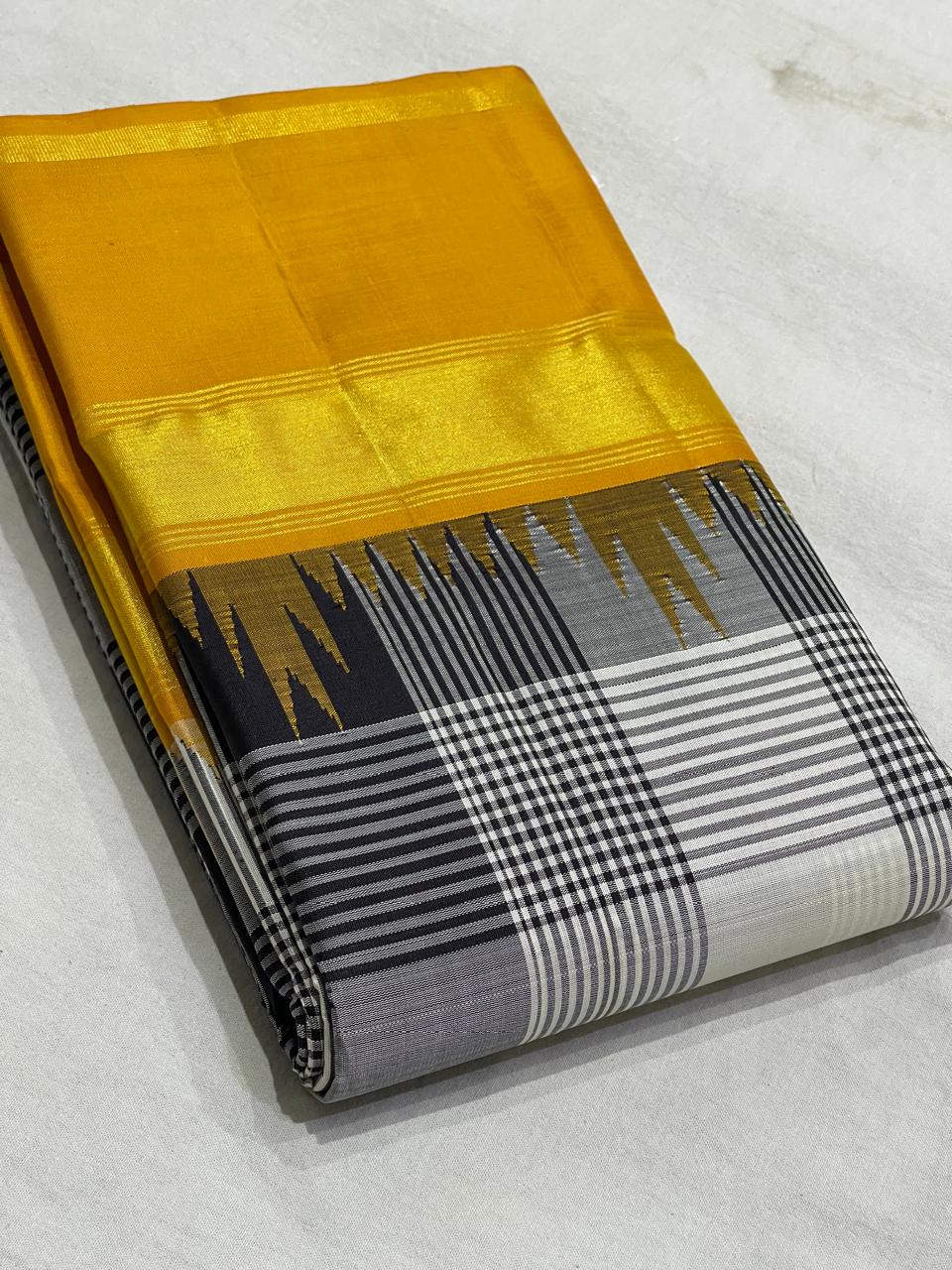 WHITE BLACK CHECKS/ YELLOW TEMPLE  SILK SAREE