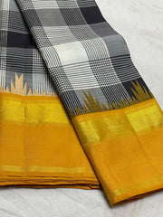 WHITE BLACK CHECKS/ YELLOW TEMPLE  SILK SAREE