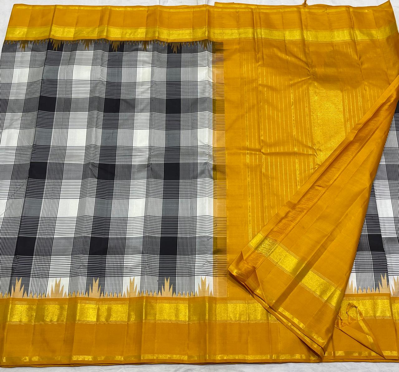 WHITE BLACK CHECKS/ YELLOW TEMPLE  SILK SAREE