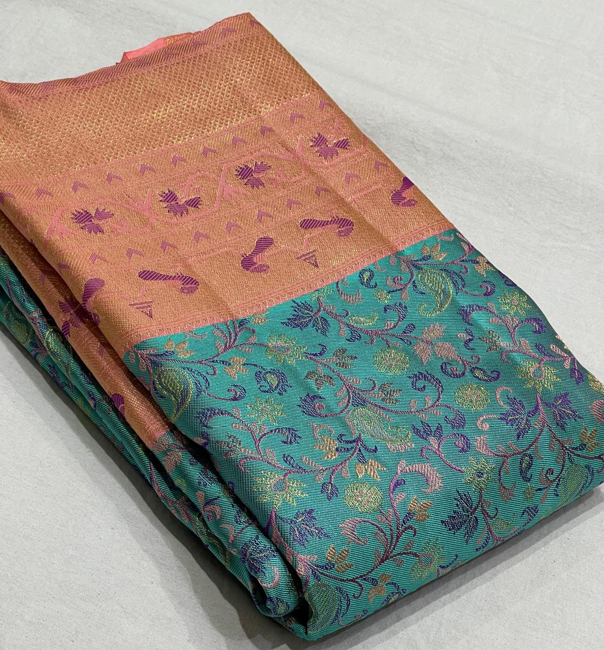 BLUEPEACH/GOLD KANCHI SAREE