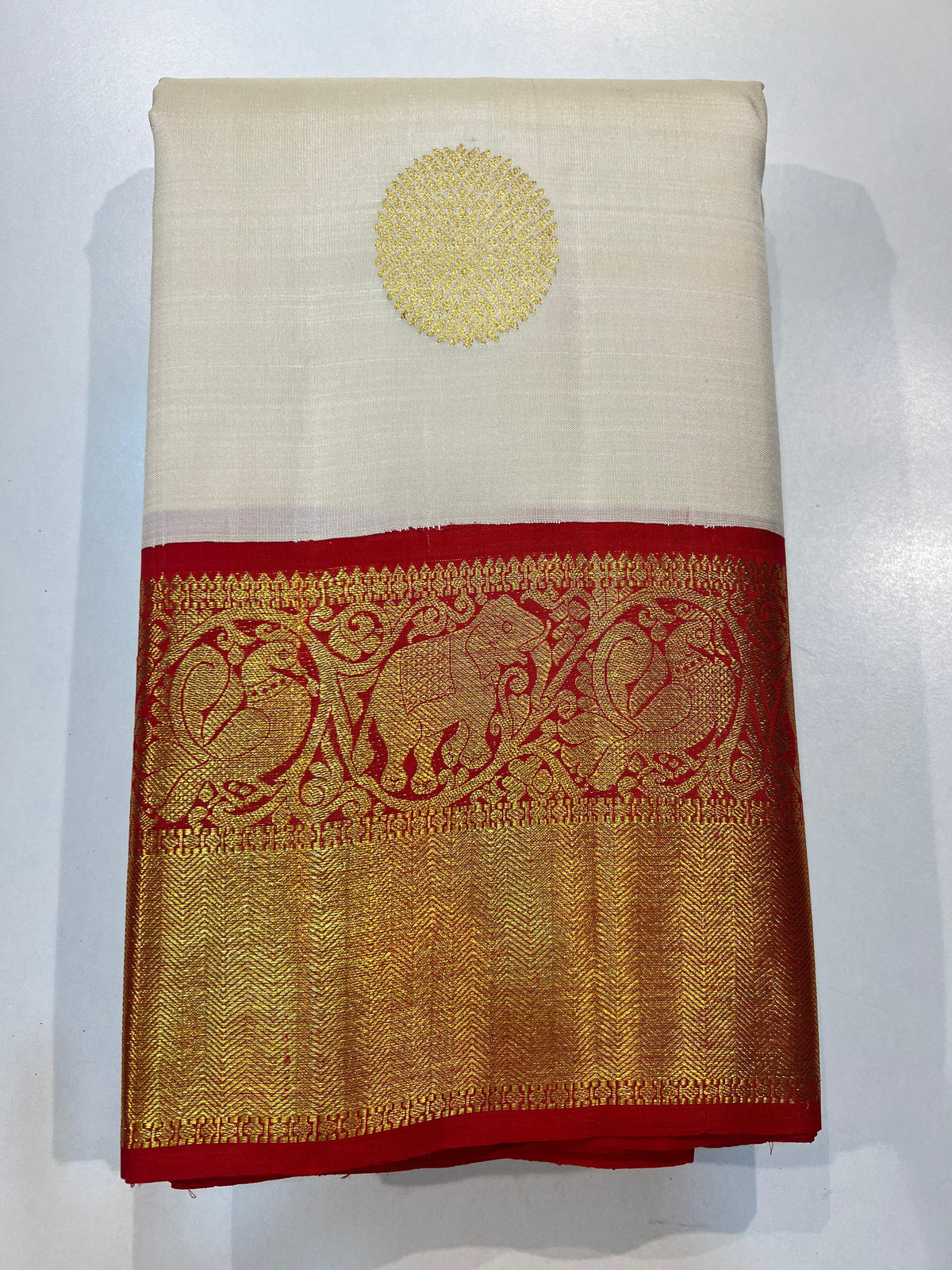 WHITE RED KANCHI SILK SAREE