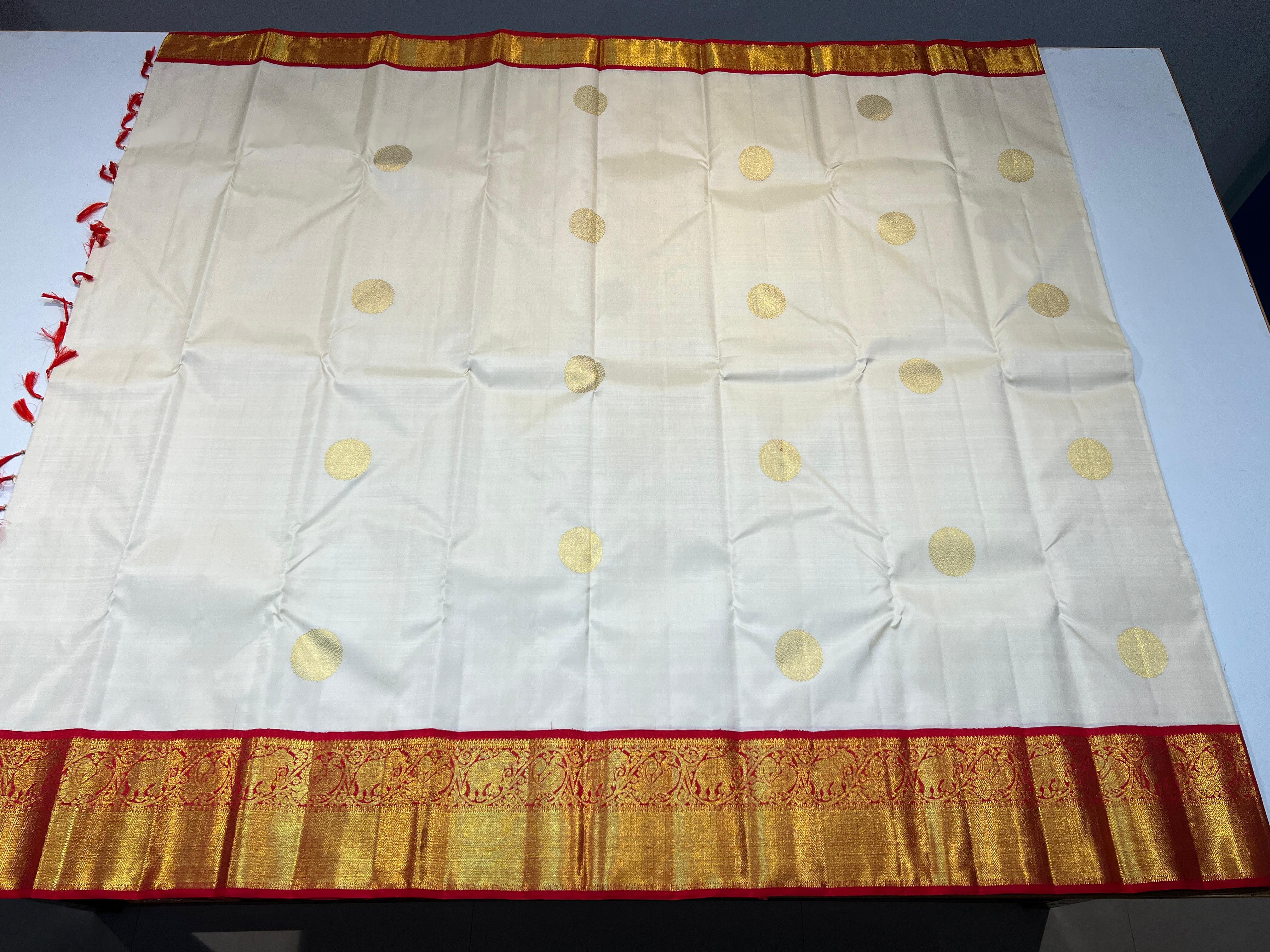 WHITE RED KANCHI SILK SAREE