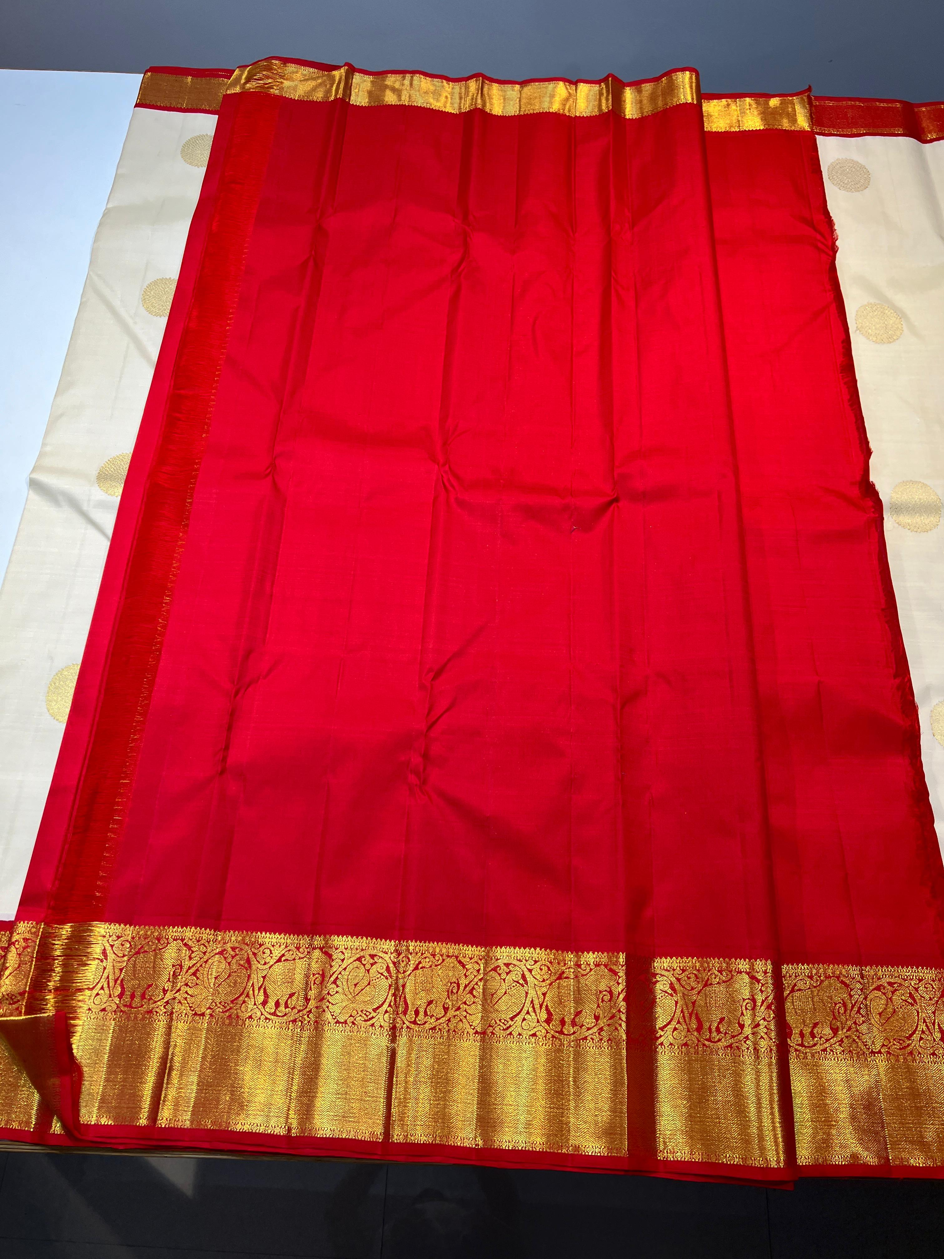 WHITE RED KANCHI SILK SAREE