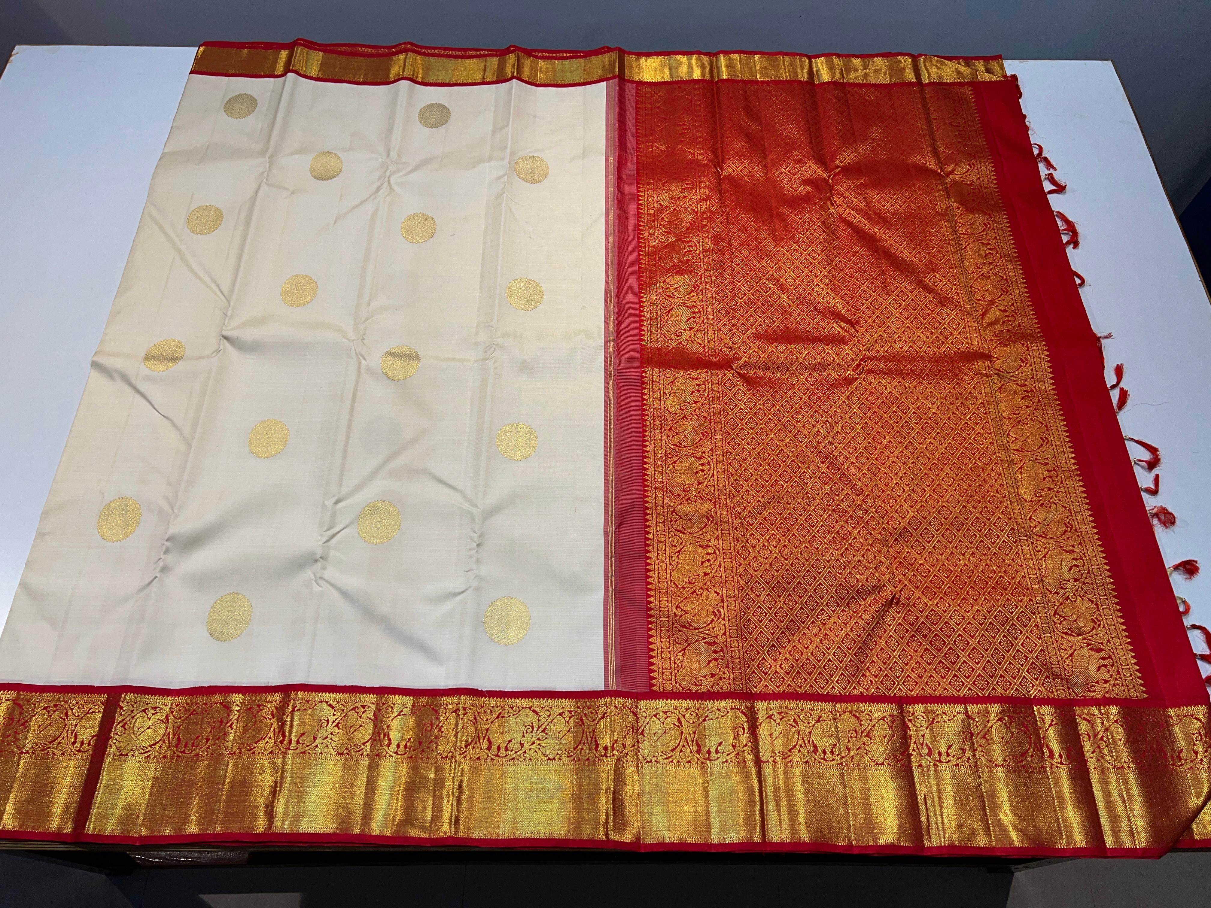 WHITE RED KANCHI SILK SAREE