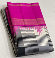 WHITE BLACK CHECKS/PINK TEMPLE  SILK SAREE