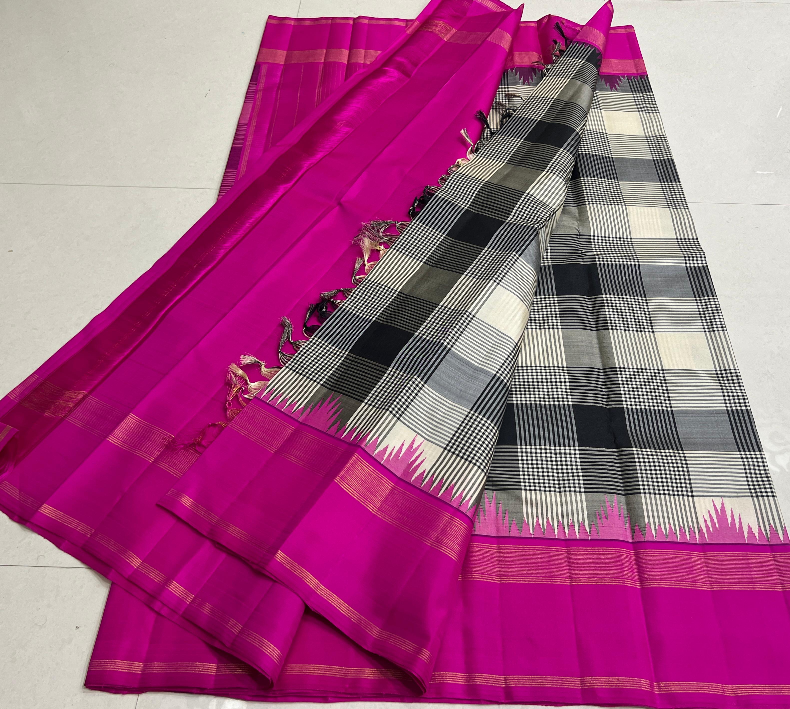 WHITE BLACK CHECKS/PINK TEMPLE  SILK SAREE