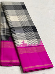 WHITE BLACK CHECKS/PINK TEMPLE  SILK SAREE