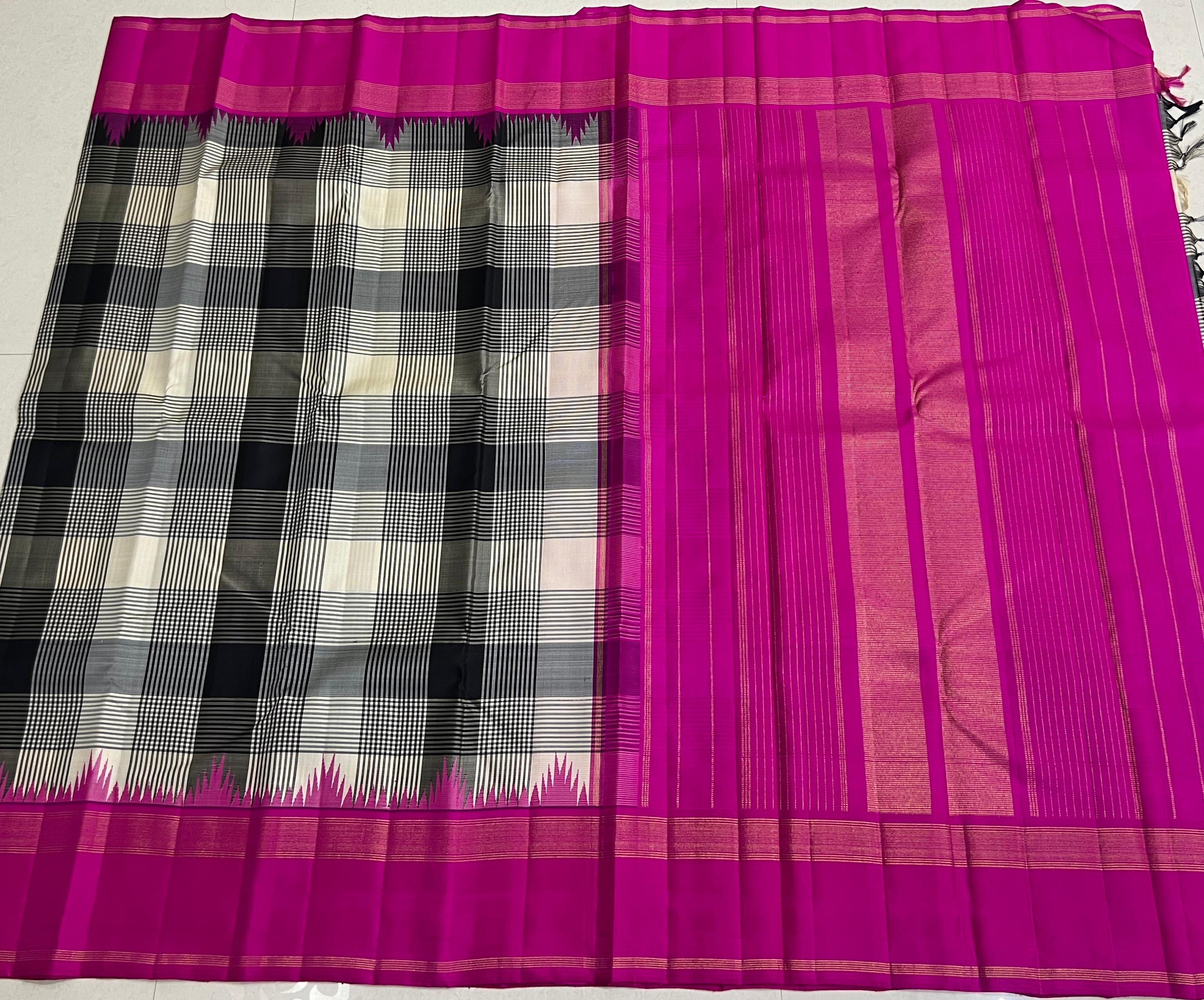 WHITE BLACK CHECKS/PINK TEMPLE  SILK SAREE