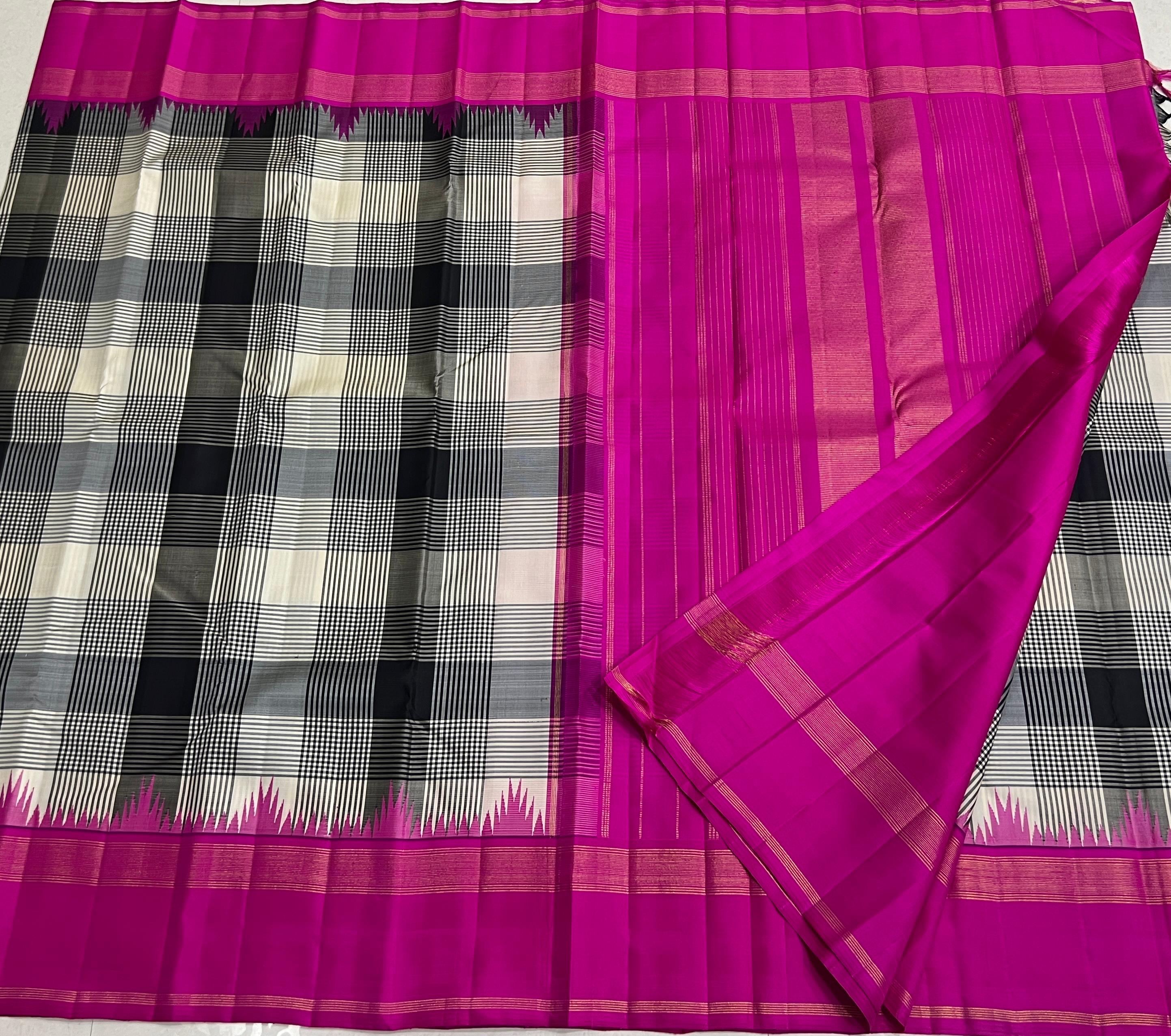 WHITE BLACK CHECKS/PINK TEMPLE  SILK SAREE