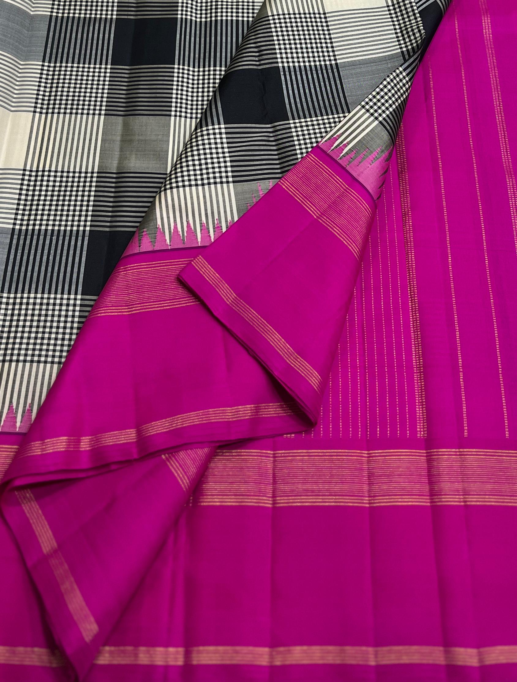 WHITE BLACK CHECKS/PINK TEMPLE  SILK SAREE