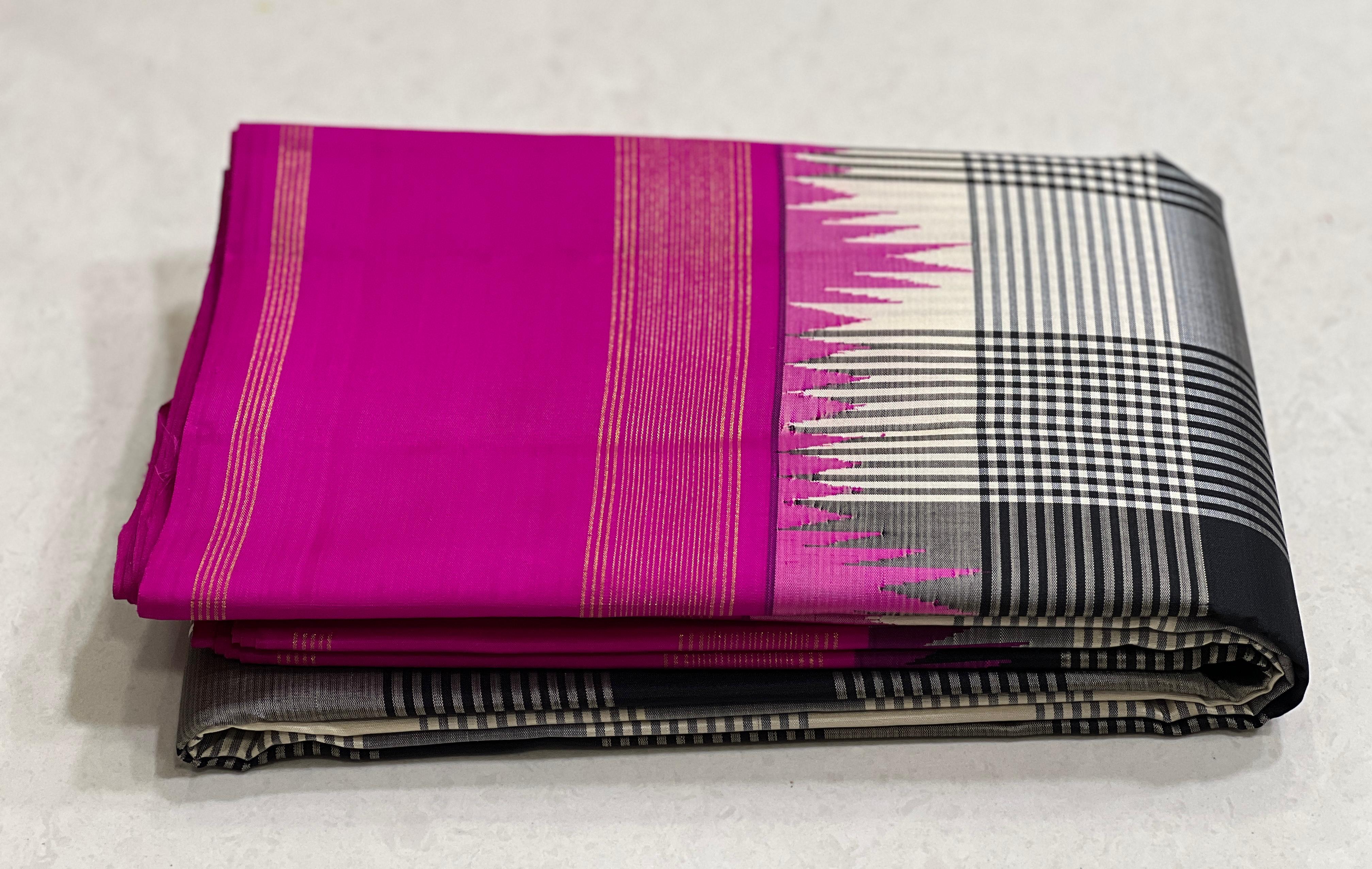 WHITE BLACK CHECKS/PINK TEMPLE  SILK SAREE