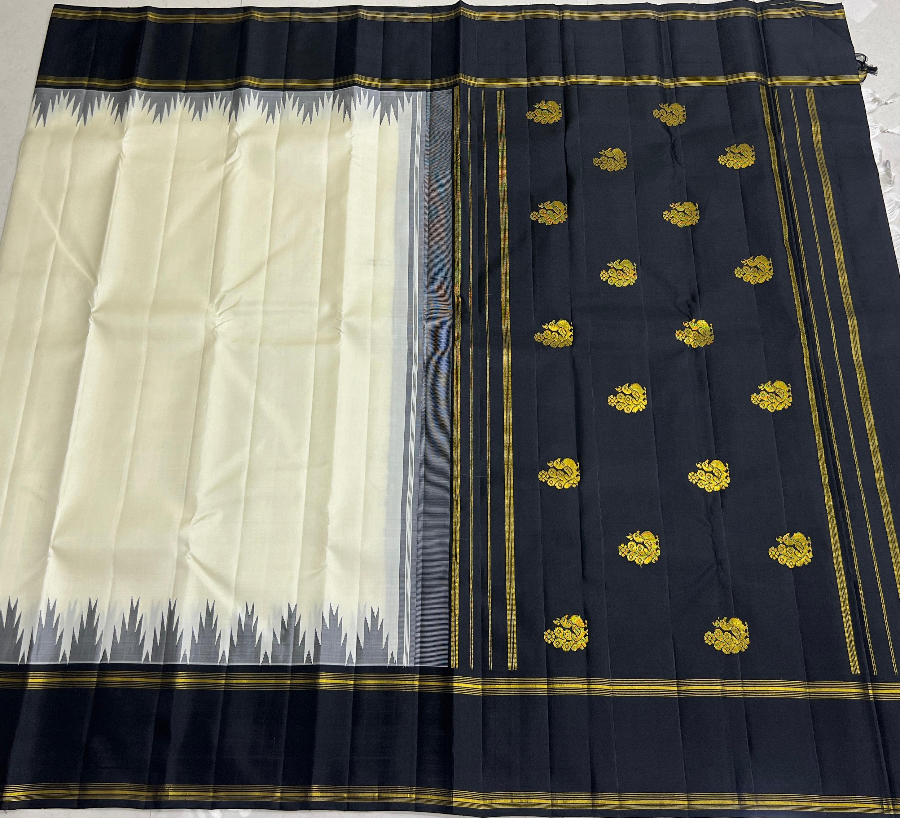 WHITE BLACK TEMPLE  SILK SAREE