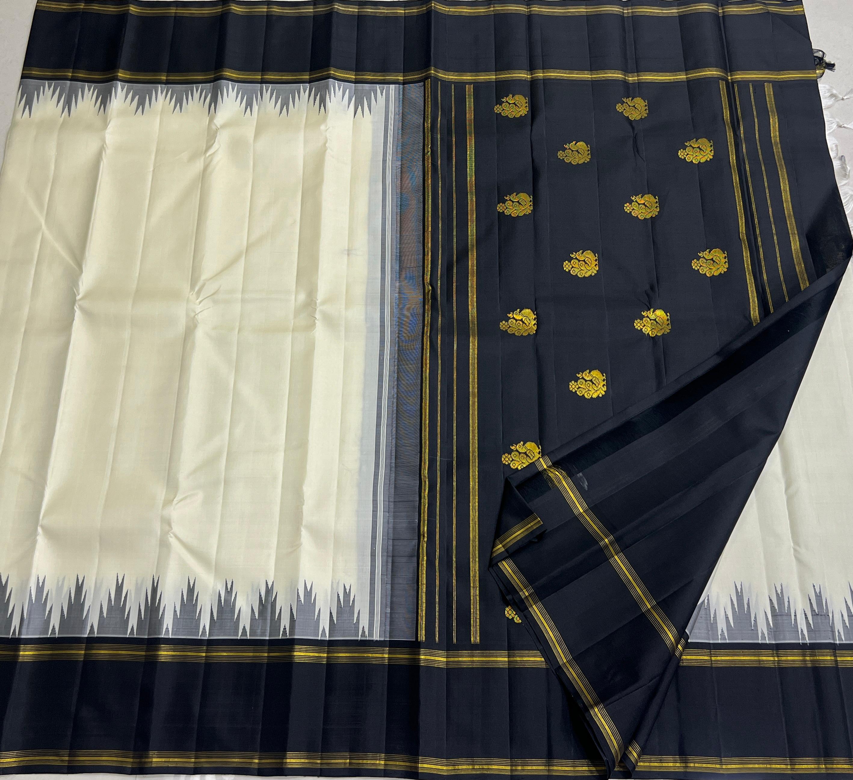 WHITE BLACK TEMPLE  SILK SAREE