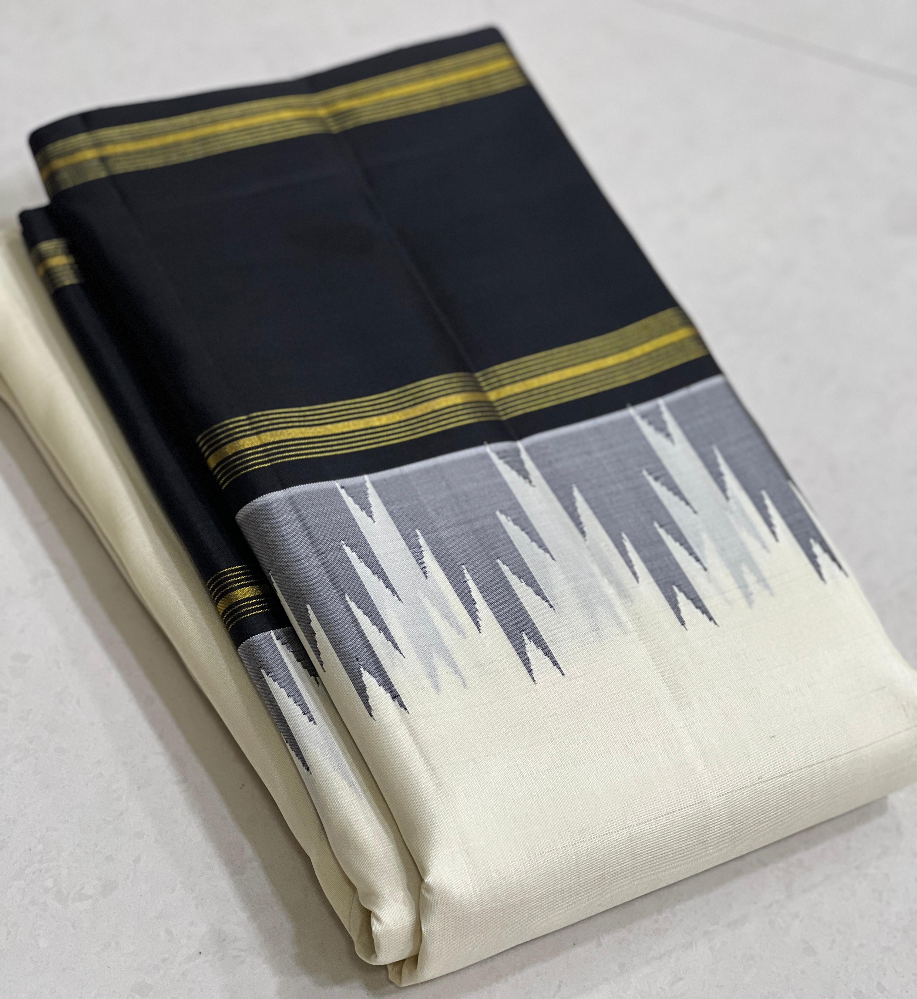 WHITE BLACK TEMPLE  SILK SAREE