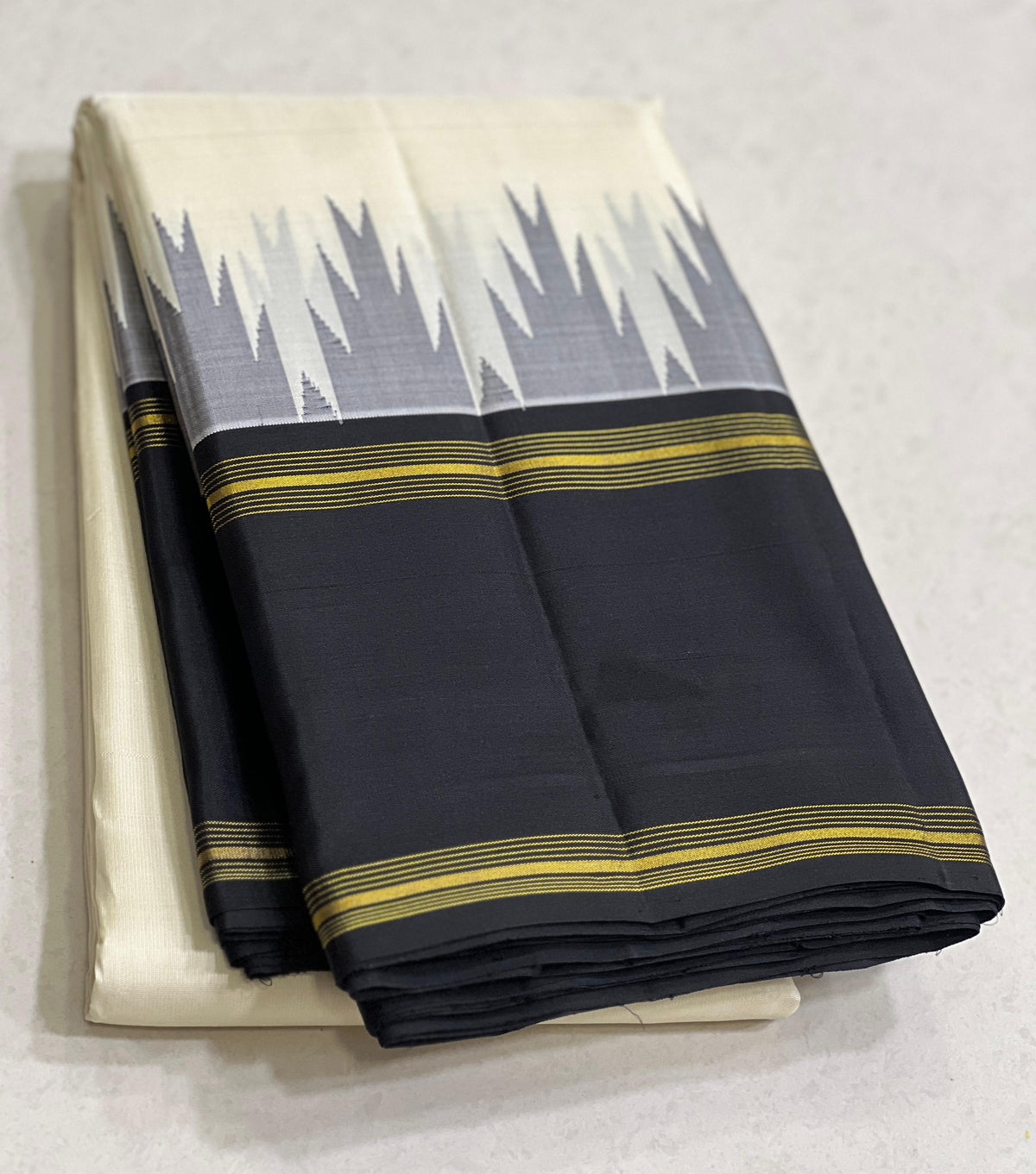 WHITE BLACK TEMPLE  SILK SAREE