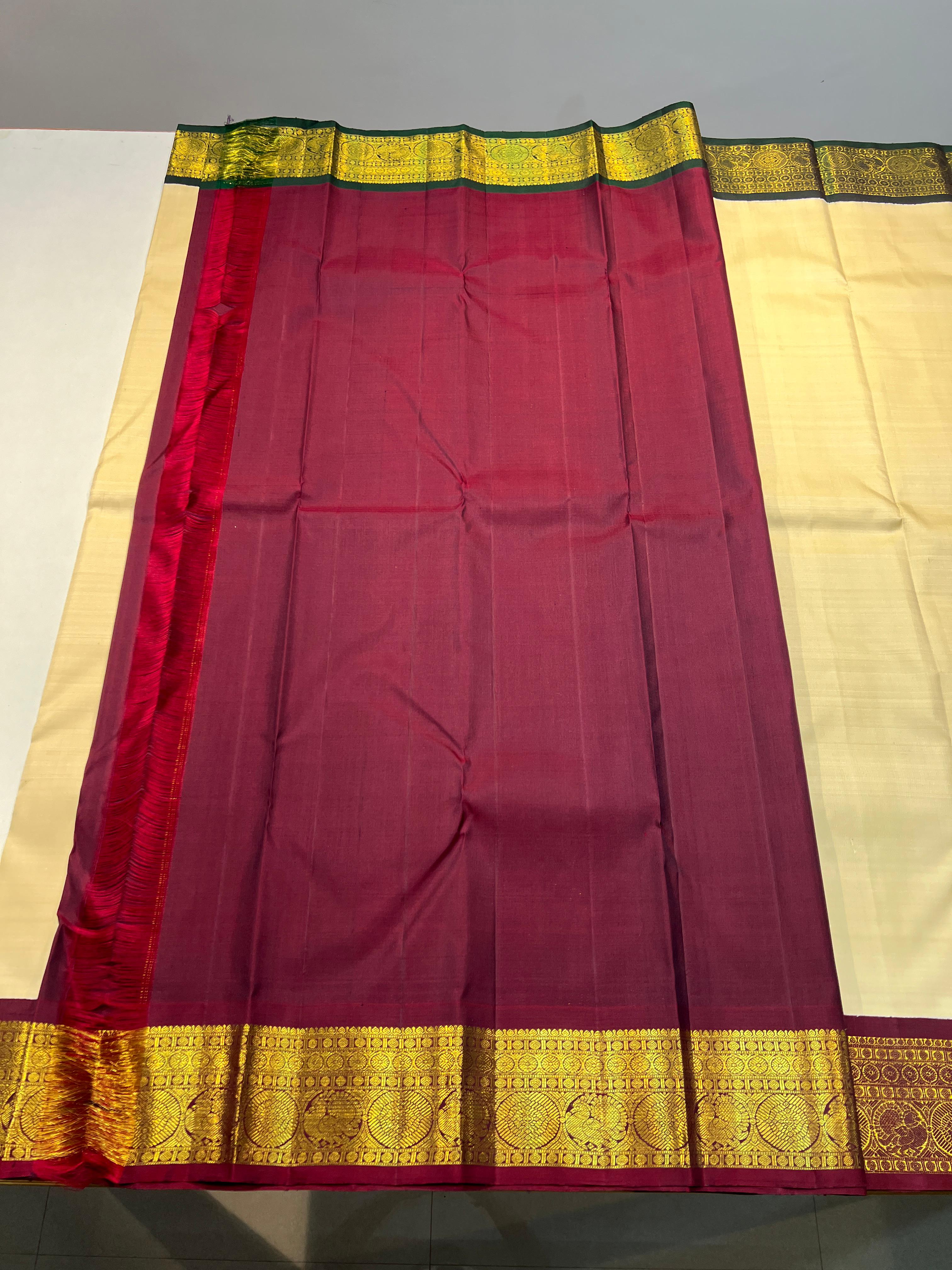 CREAM MAROON KANCHI SILK SAREE