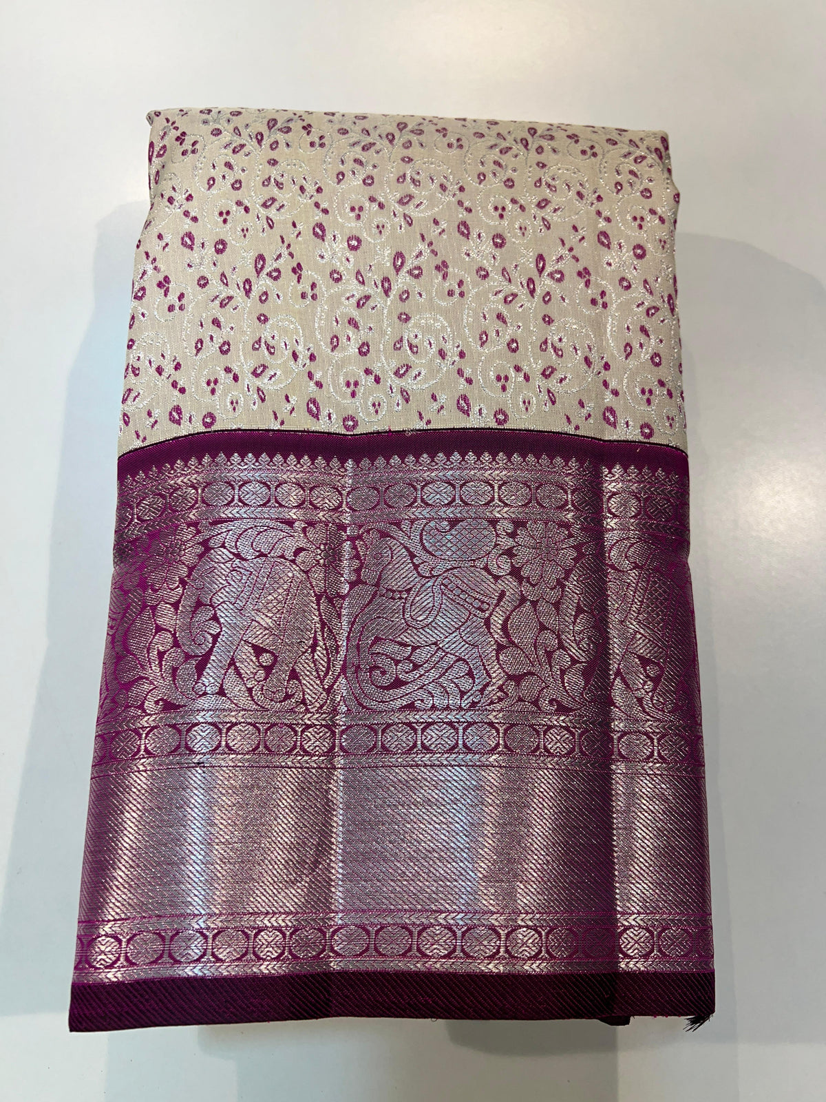 WHITE/PURPLE KANCHI SILK SAREE