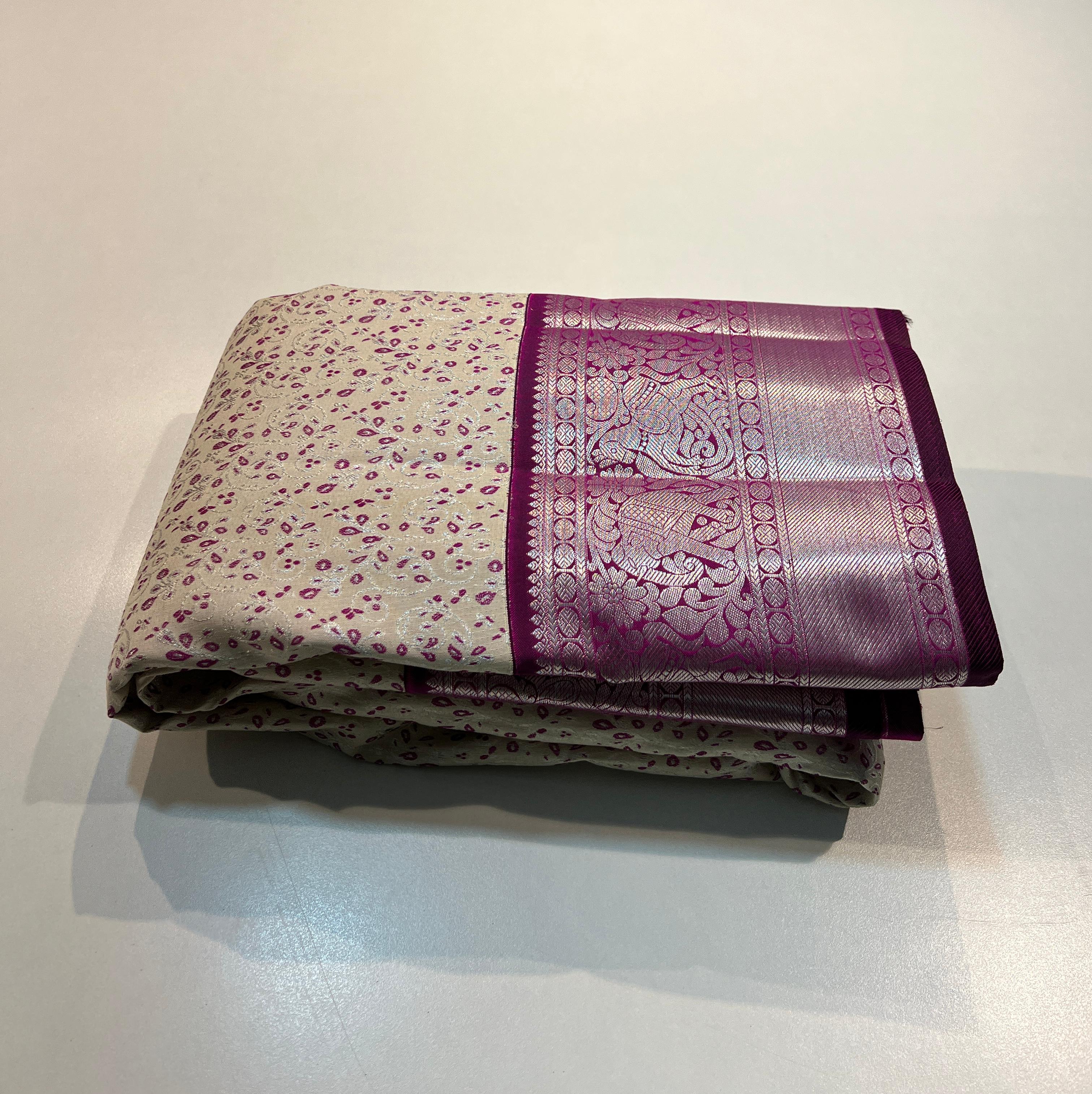 WHITE/PURPLE KANCHI SILK SAREE