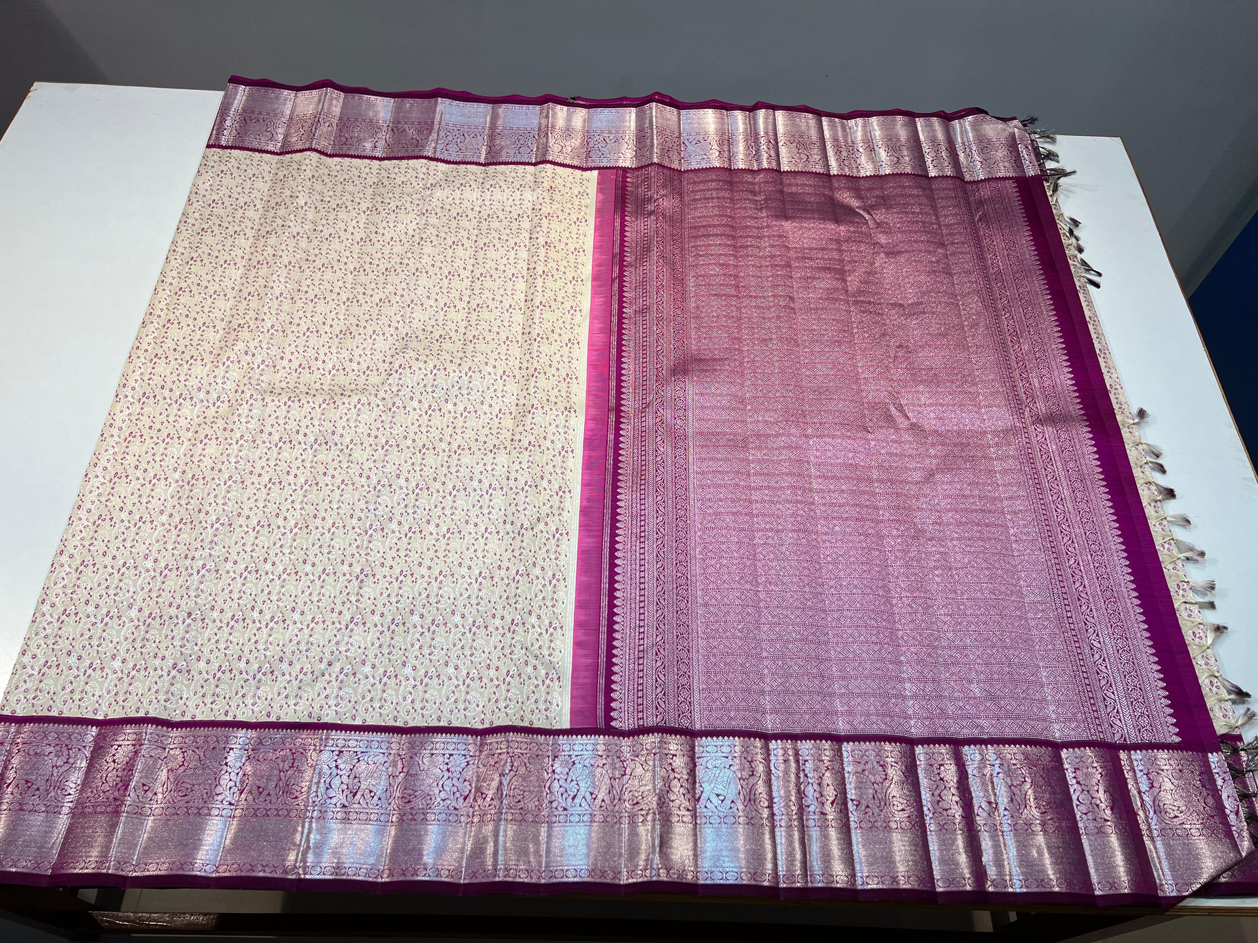 WHITE/PURPLE KANCHI SILK SAREE