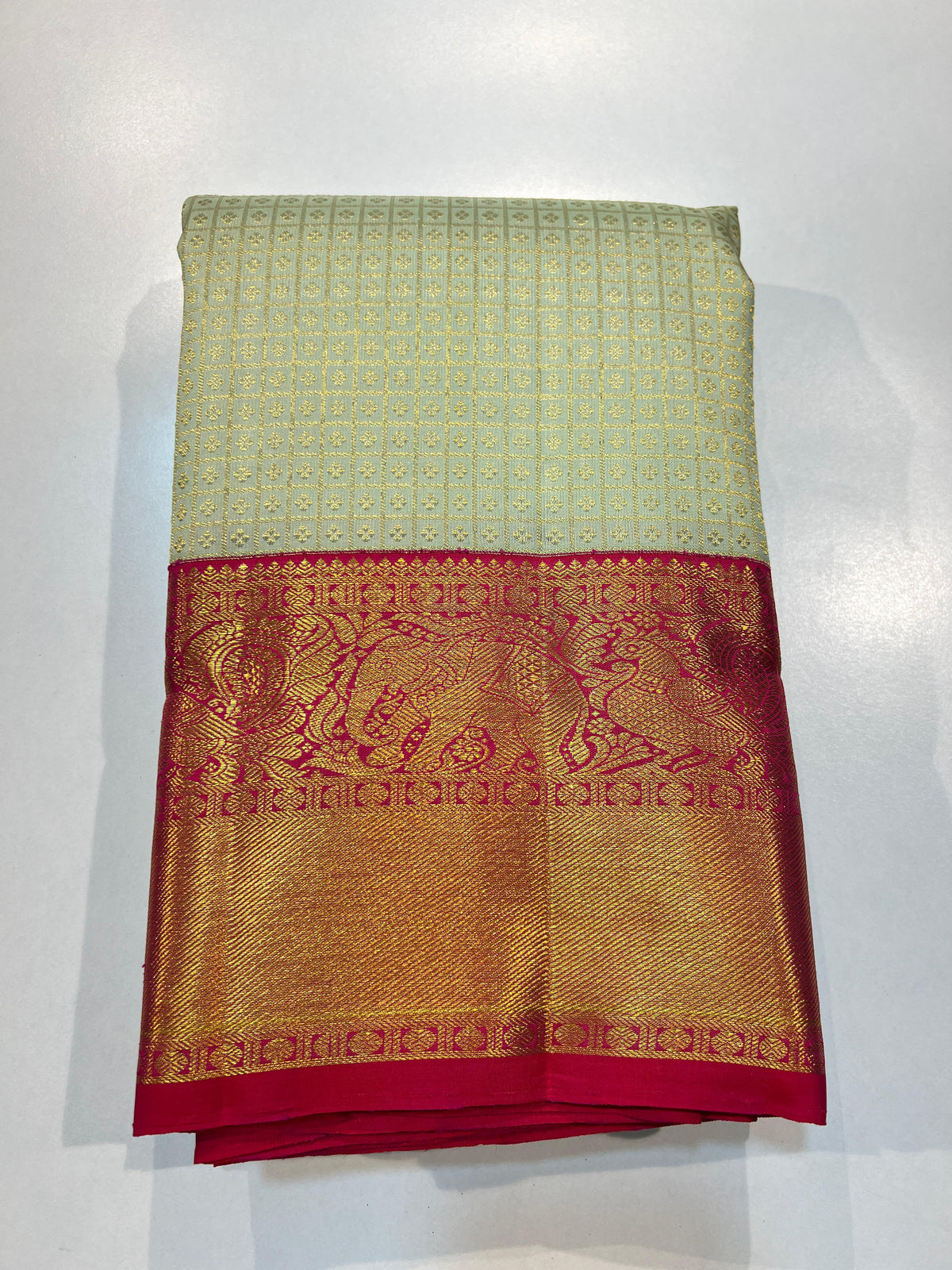 Pistagreen/red/pink KANCHI SILK SAREE