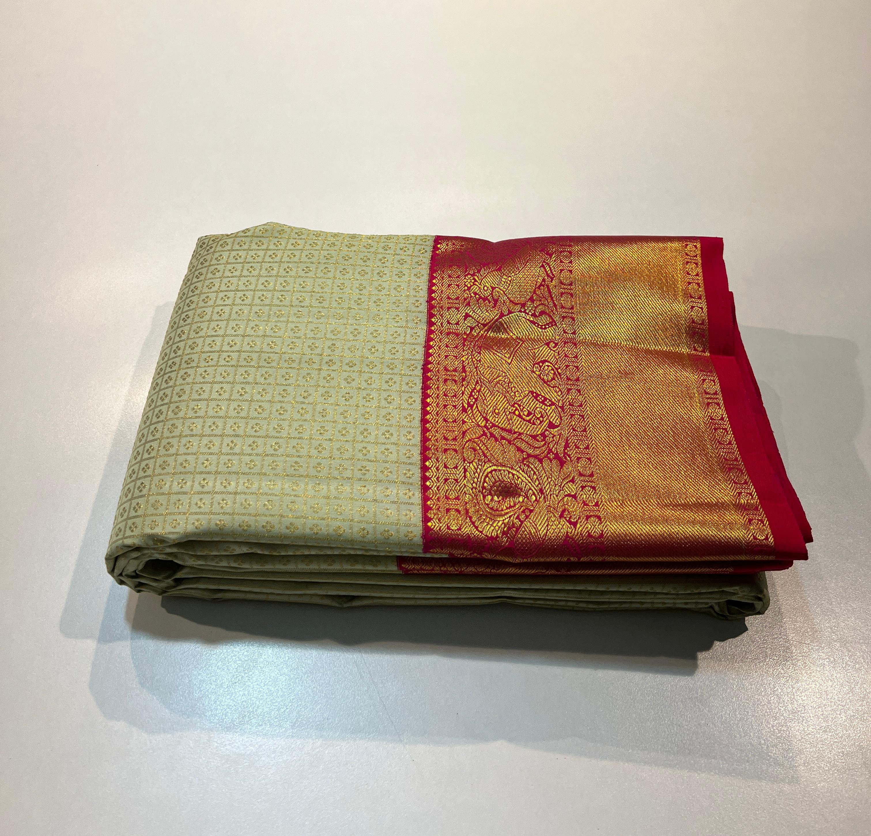 Pistagreen/red/pink KANCHI SILK SAREE