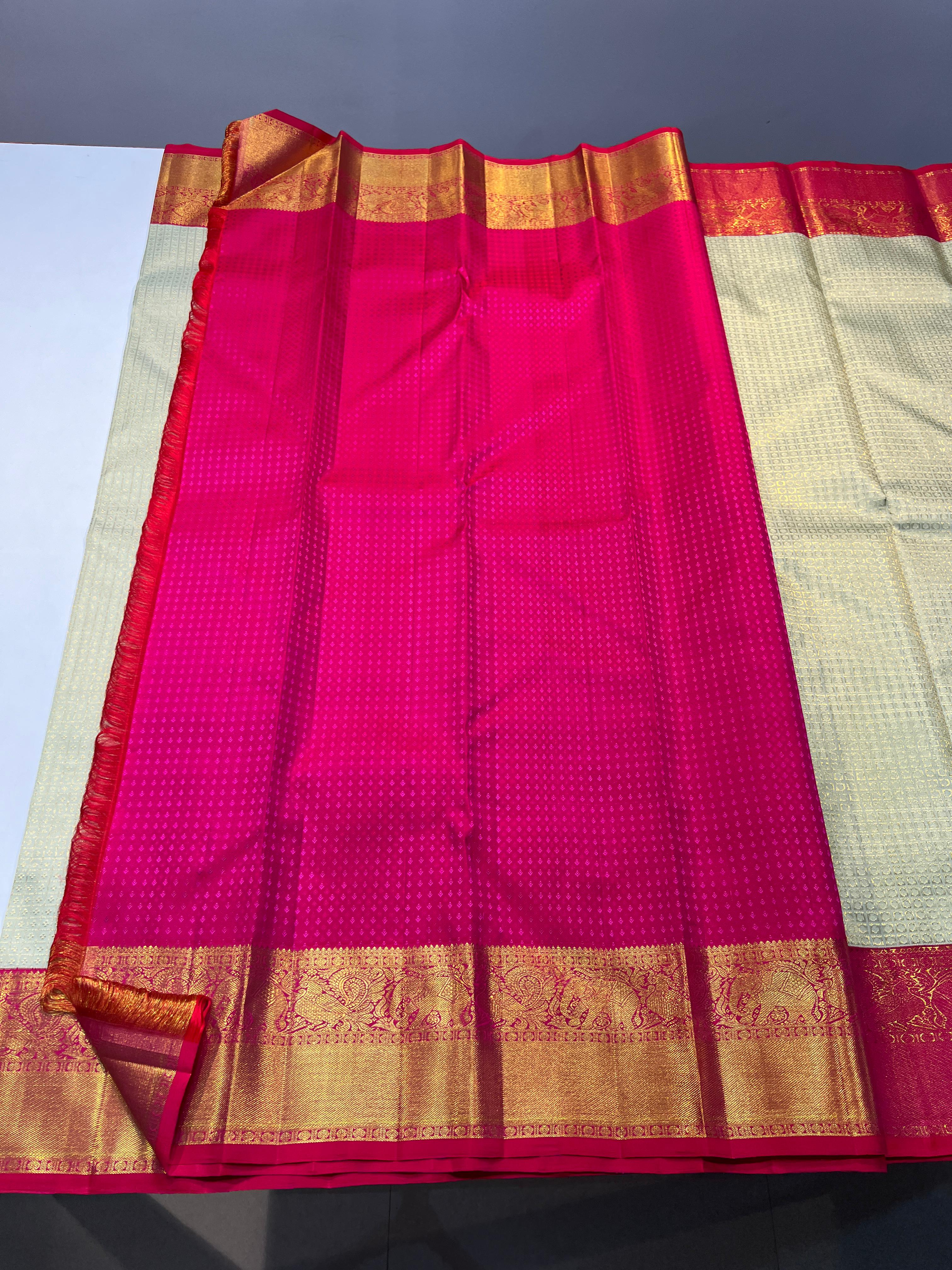 Pistagreen/red/pink KANCHI SILK SAREE