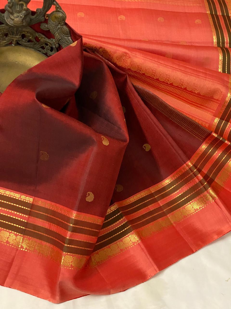 BROW/ORANGE KANCHI SILK SAREE