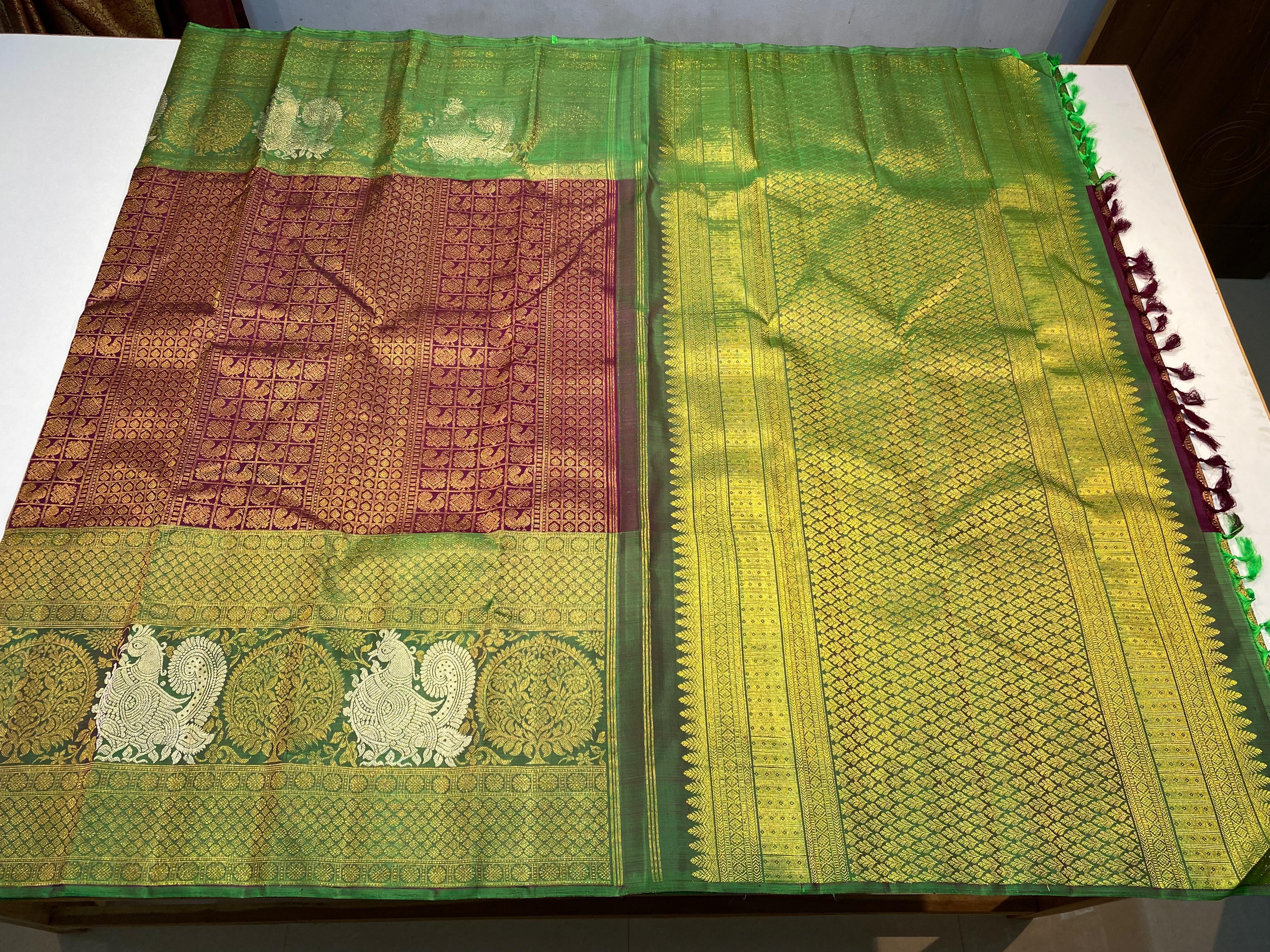 MAROON/GREEN KANCHI SILK SAREE