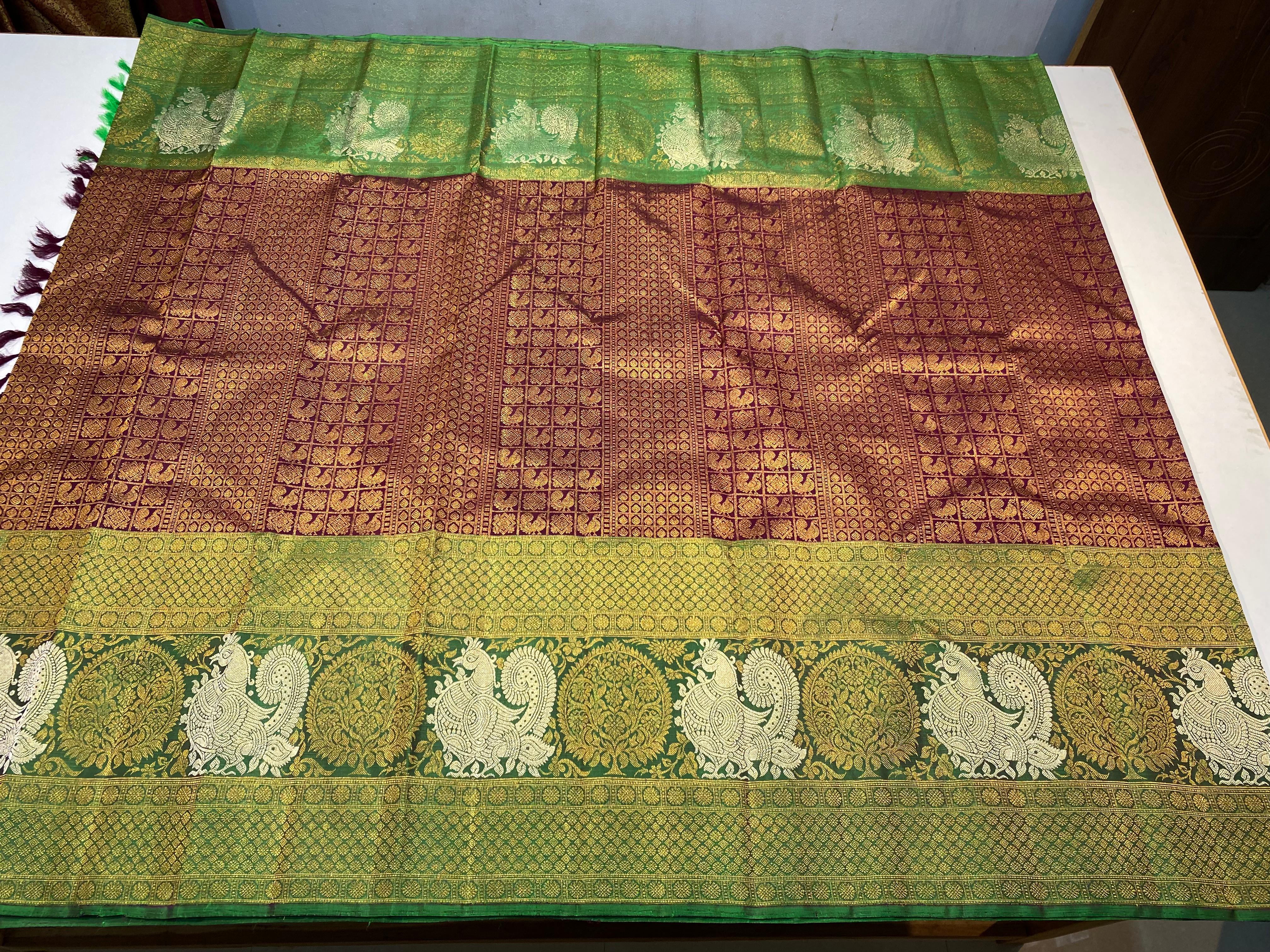 MAROON/GREEN KANCHI SILK SAREE