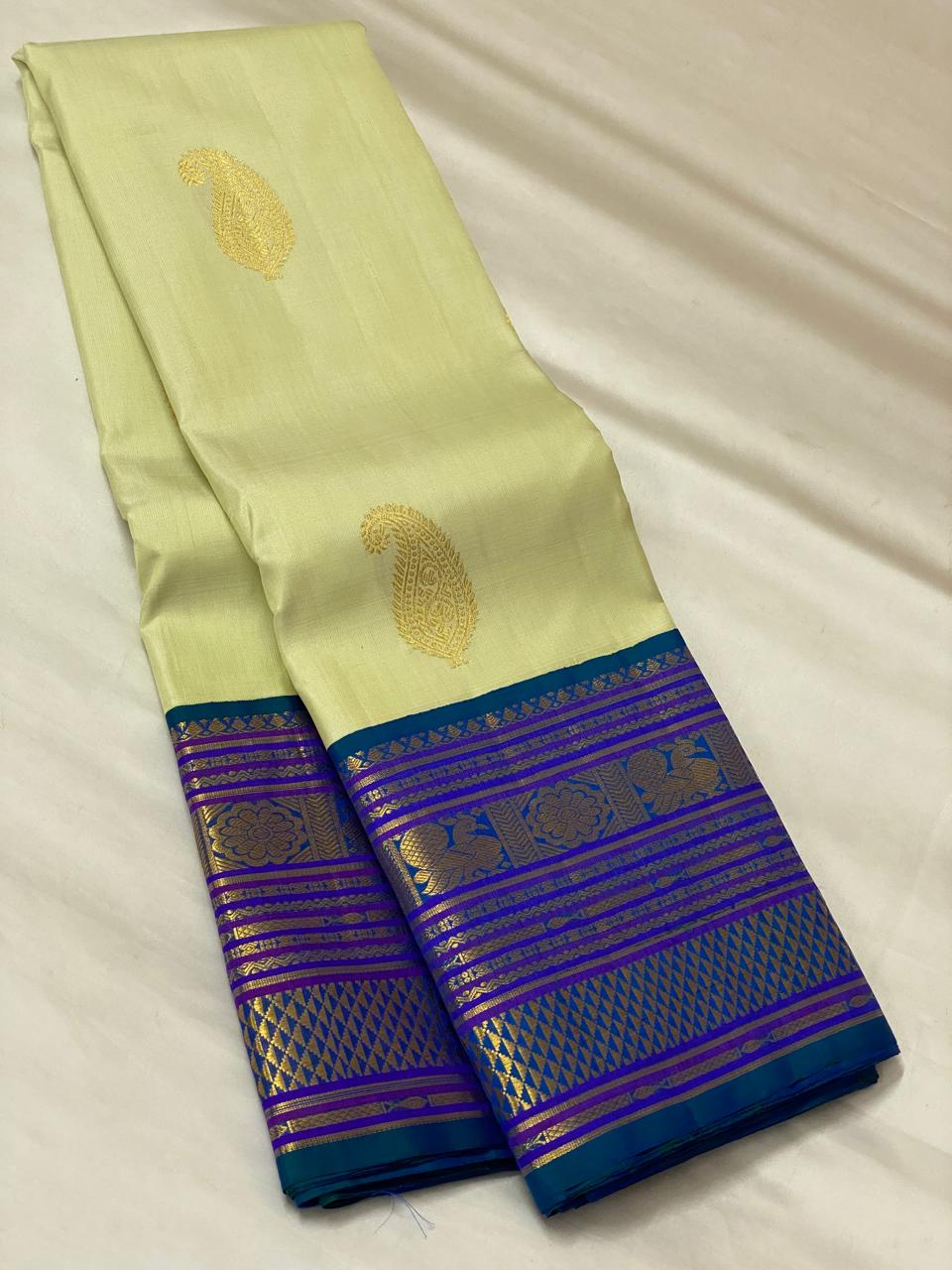 LEMON YELLOW/BLUE KANCHI SILK SAREE