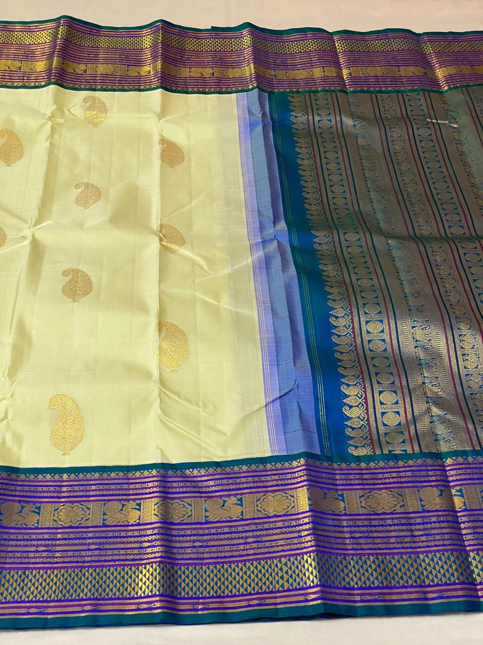 LEMON YELLOW/BLUE KANCHI SILK SAREE