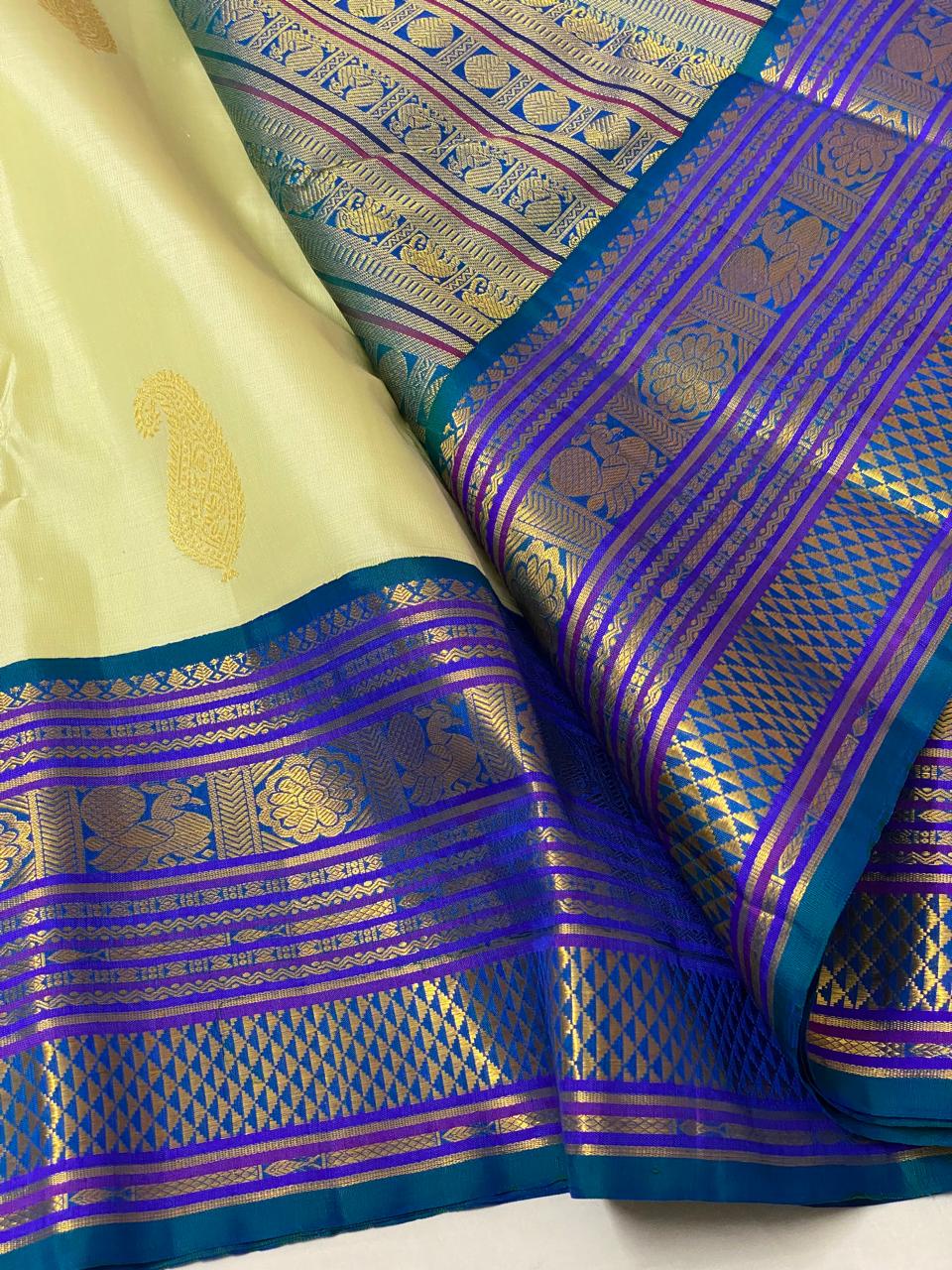 LEMON YELLOW/BLUE KANCHI SILK SAREE