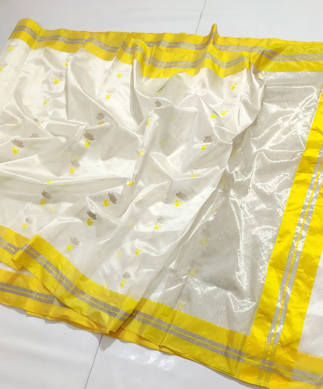 WHITE/YELLOW CHANDERI SAREE