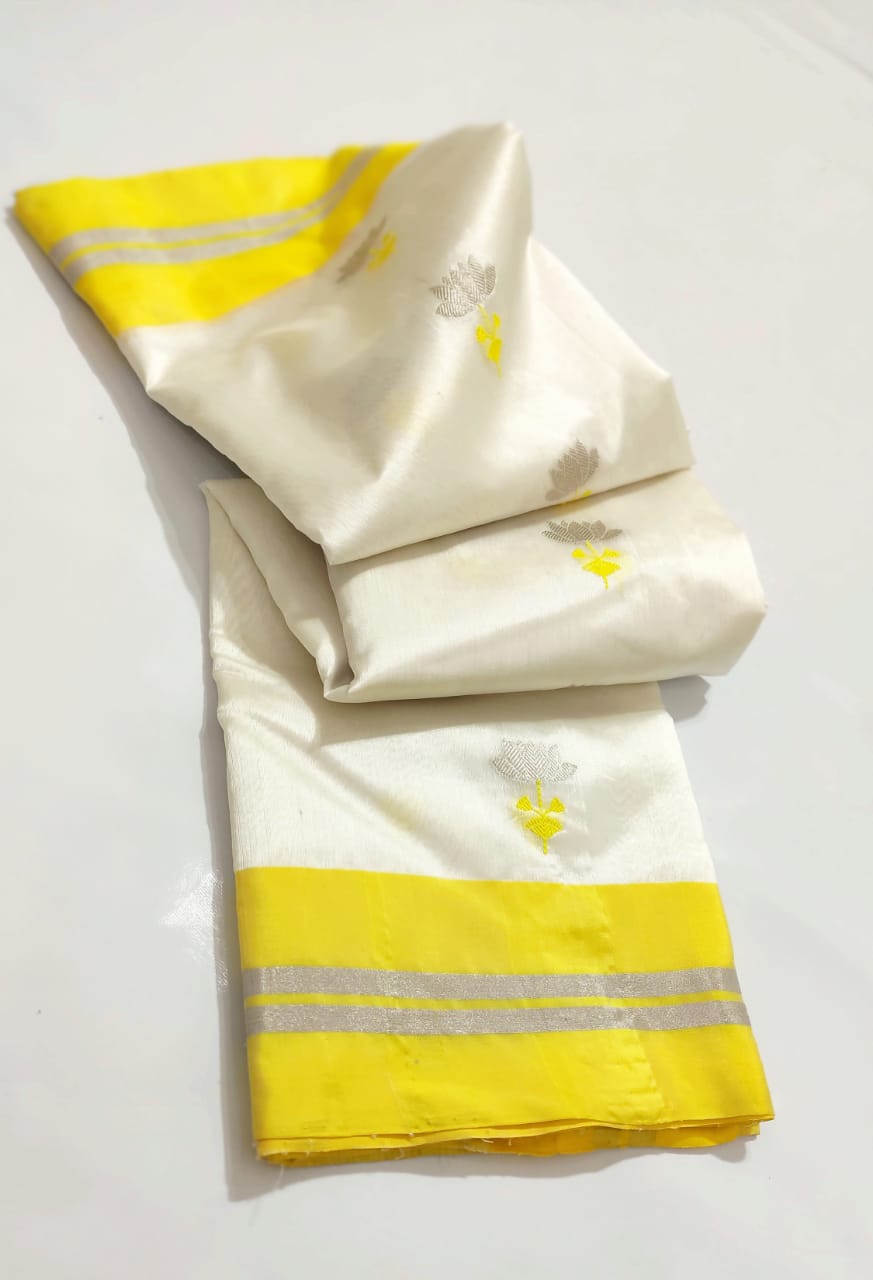 WHITE/YELLOW CHANDERI SAREE