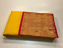 YELLOW COLOUR / CHILI RED GOLDEN BORDER COMBINATION KACHIPURAM SILKS SAREE